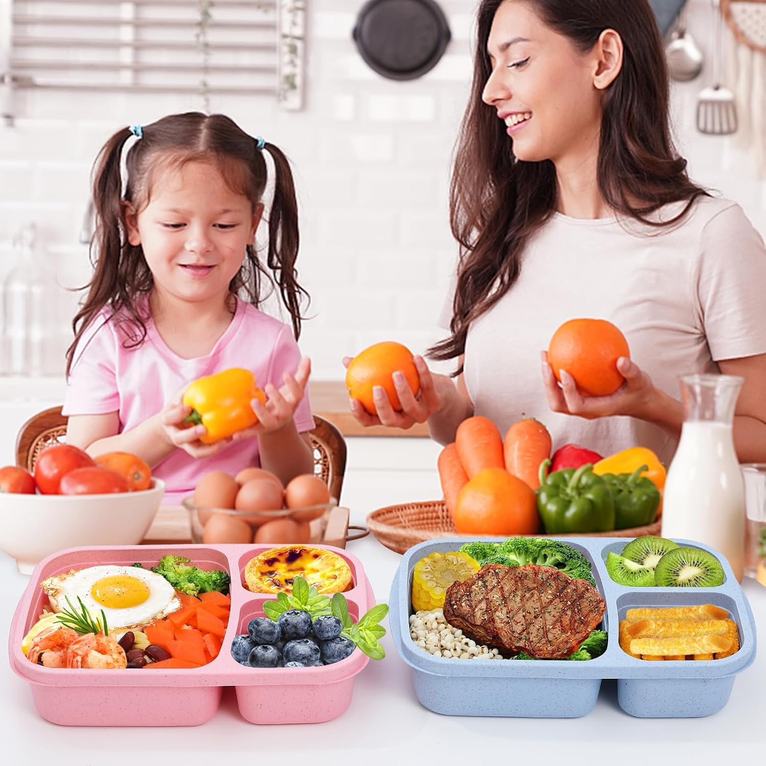 Bento Lunch Box,4Pcs Premium 3 Compartment Food Container Wheat Straw Meal Prep Container Microwave Safe Lunchbox Container Storage Containers for Adults