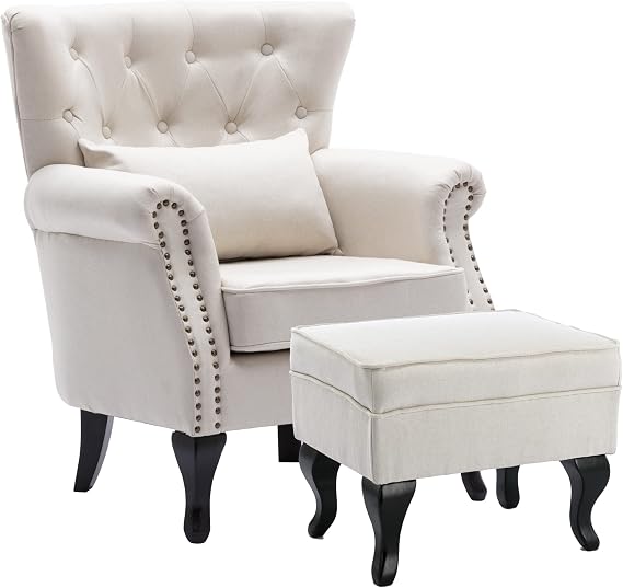 chairus Mid-Century Modern Accent Chair with Ottoman, Comfy Linen Single Sofa Chair Button Tufted Wingback Armchair with Pillow for Living Room/Bedroom/Club - Beige