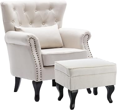 chairus Mid-Century Modern Accent Chair with Ottoman, Comfy Linen Single Sofa Chair Button Tufted Wingback Armchair with Pillow for Living Room/Bedroom/Club - Beige