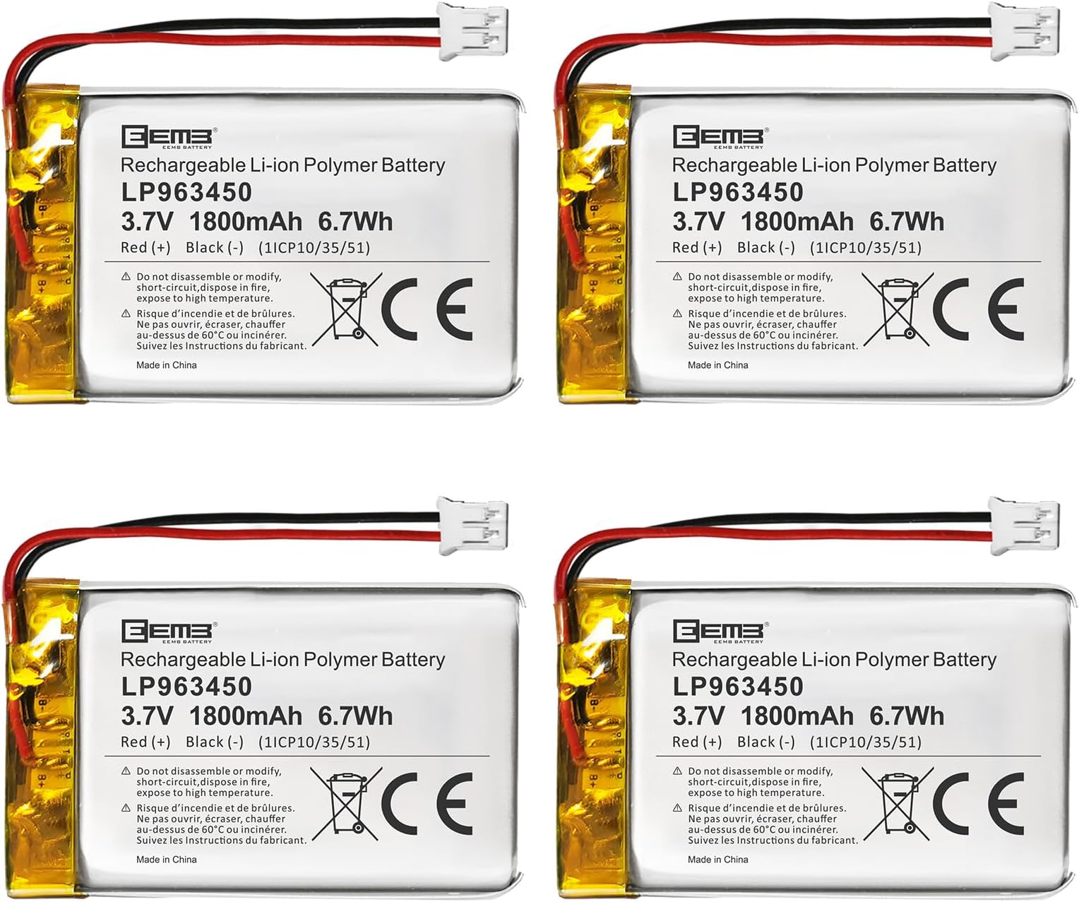 EEMB Lithium Polymer battery 3.7V 1800mAh 963450 Lipo Rechargeable Battery Pack with wire JST Connector for Dashcam and Bluetooth Speaker-confirm device & connector polarity before purchase(4)