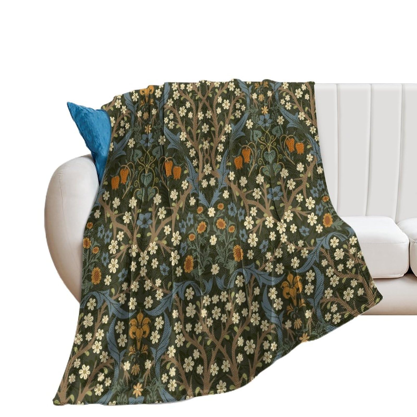 COALHO Vintage Mid Century Floral Blankets Super Soft Flannel Throw Abstract Green Garden Flower William Morris Art Throw Soft Cozy Bedding Bedroom Blanket-180W×200L CM
