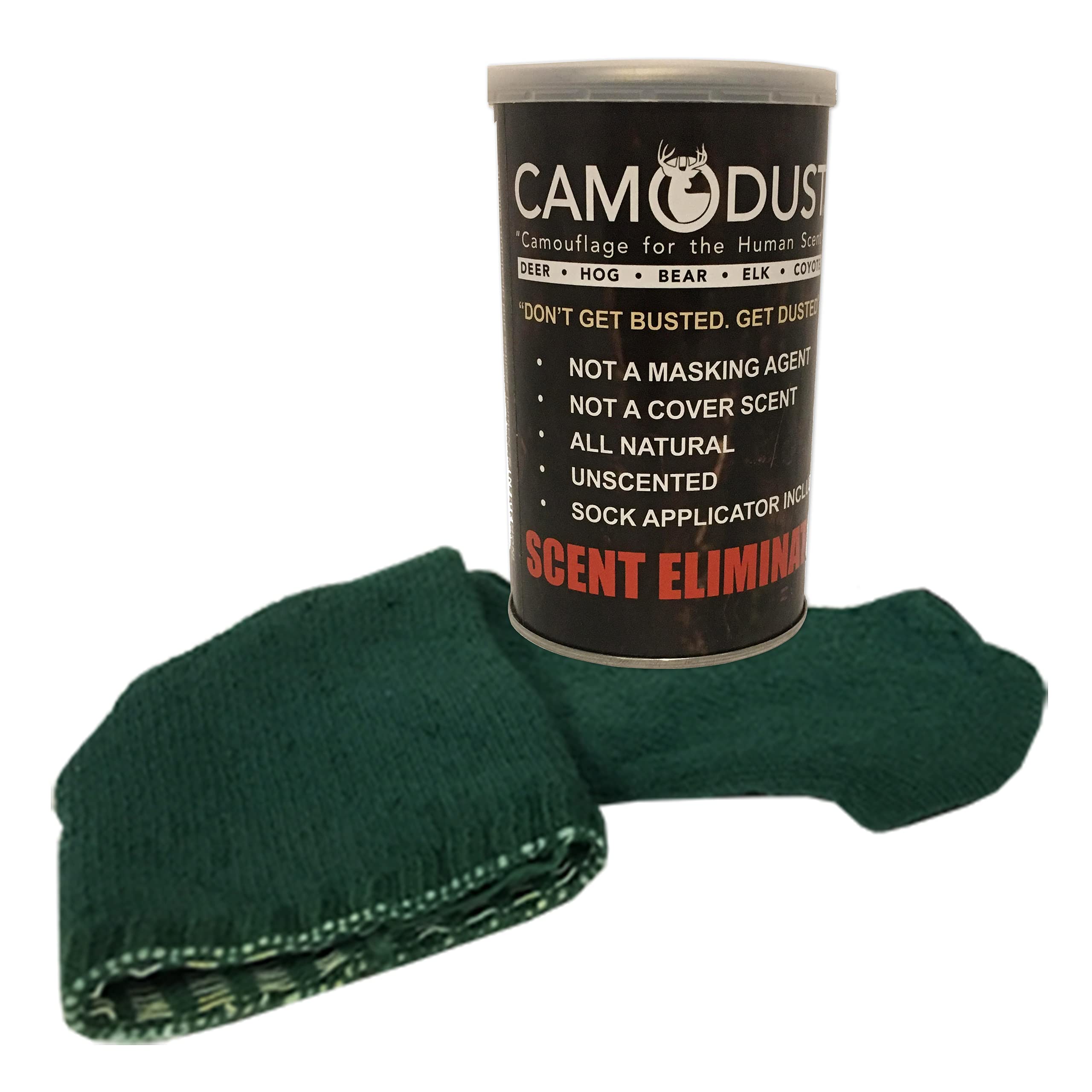 CAMODUST- The Scent Eliminator for Hunting - Human Scent Killer -For Deer, Bear,& Hogs. A Powder for Hunters to Eliminate Odor, This is a Hunting Essential. -(1) Sock Applicator Included In Can