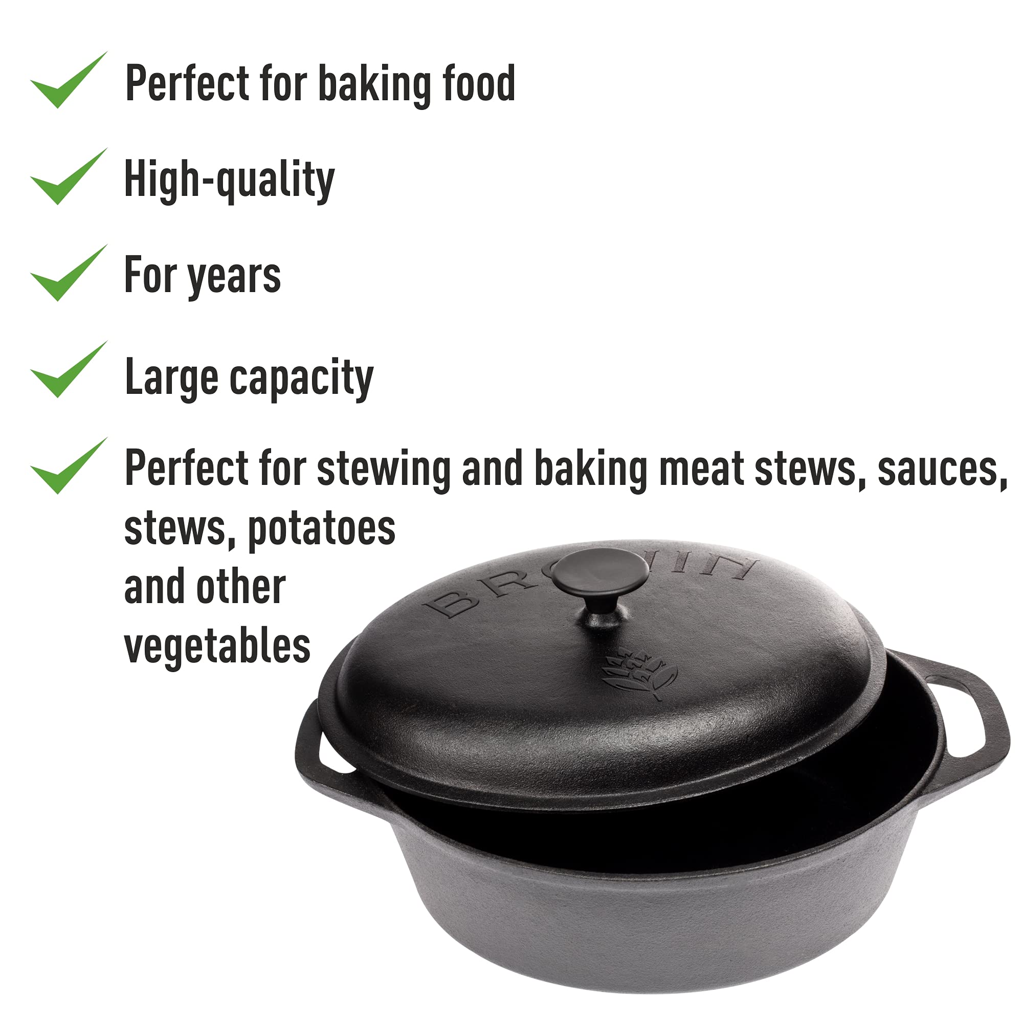 BROWIN® Marmite en fonte 330525 | Cocotte traditionnelle en fonte | Pot à pain robuste avec couvercle pour induction, four et cuisinière | Cocotte pour cuisiner, braiser, rôtir, frire | Noir 5,5 l