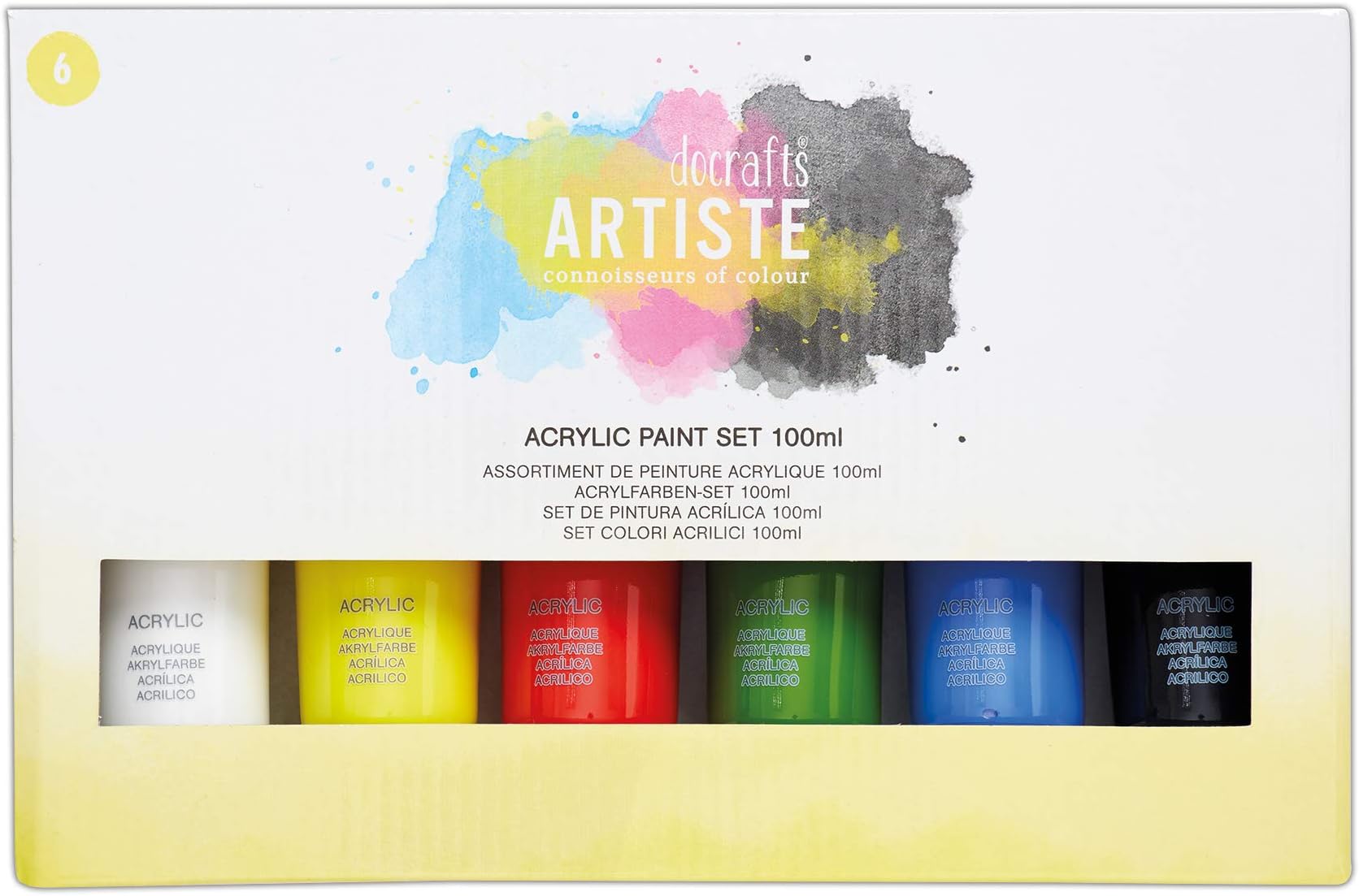 ARTISTEAcrylic Paint Set 100ml 6 Pack Vibrant Colours, Quick-Drying Professional Art, Craft and Hobby Artists Paint. Water-Based Paints Cover All Surfaces with Ease, Ideal for Travel Artists