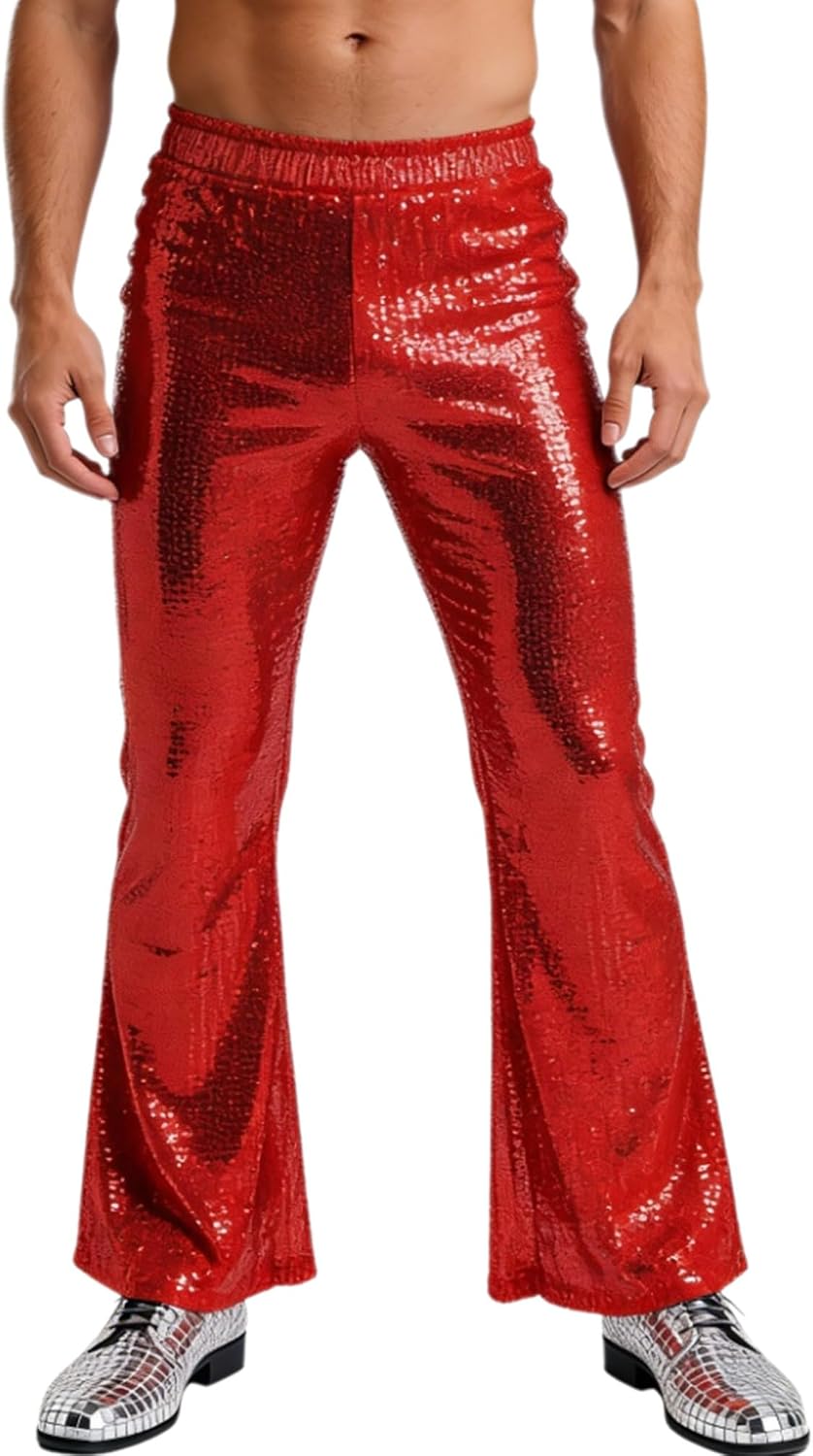 iiniim Mens High Rise Sequins Fully Lining Loose Pants Retro Disco Glittery Sequins Wide Leg Pants