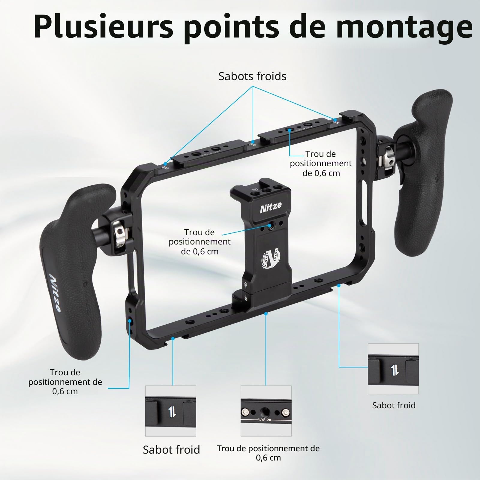 Nitze Téléphone Vidéo Stabilisateur, Cage de Téléphone avec Poignées Latérales, Smartphone Vidéo Cage Universelle pour iPhone 17/16/15 Pro Max/Samsung Galaxy S25 Ultra - T-MP01B