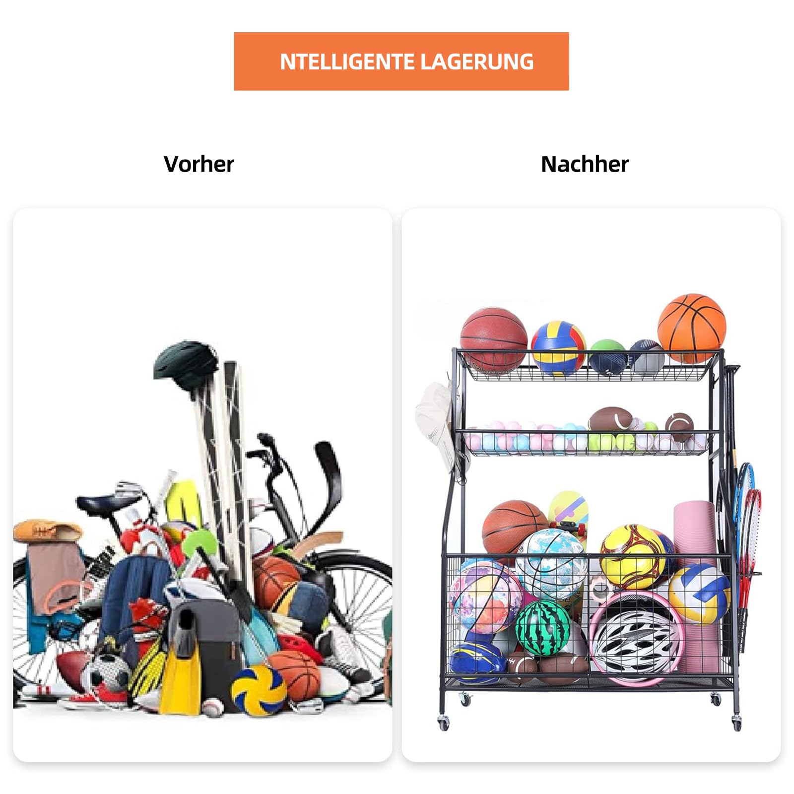 Sportgerätelagerregal aus Kohlenstoffstahl – 2 Körbe, 2 verschließbare Räder – Stabiler Organizer für Homegym, Garage, Schulsportartikel