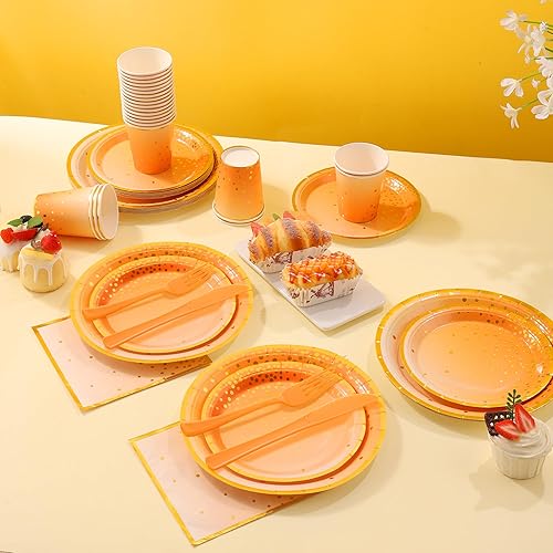 Miniatura 7 de 175 piezas de suministros de fiesta naranja, platos y servilletas de papel de otoño, platos de papel naranja para cumpleaños, decoraciones de fiesta