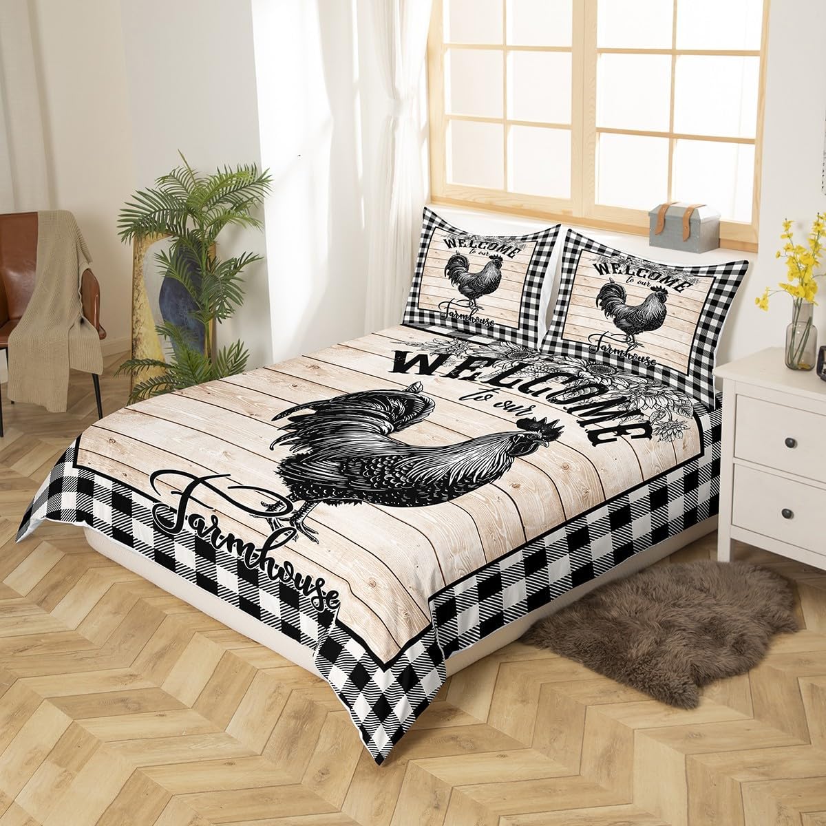 Farmhouse Chicken Duvet Cover Queen for Children,Sunflowers Floral Animal Bedding Set Modern Room Gift,Retro Board Black White Plaid Comforter Cover with 2 Pillowcases, Ultra Soft Bed Spread