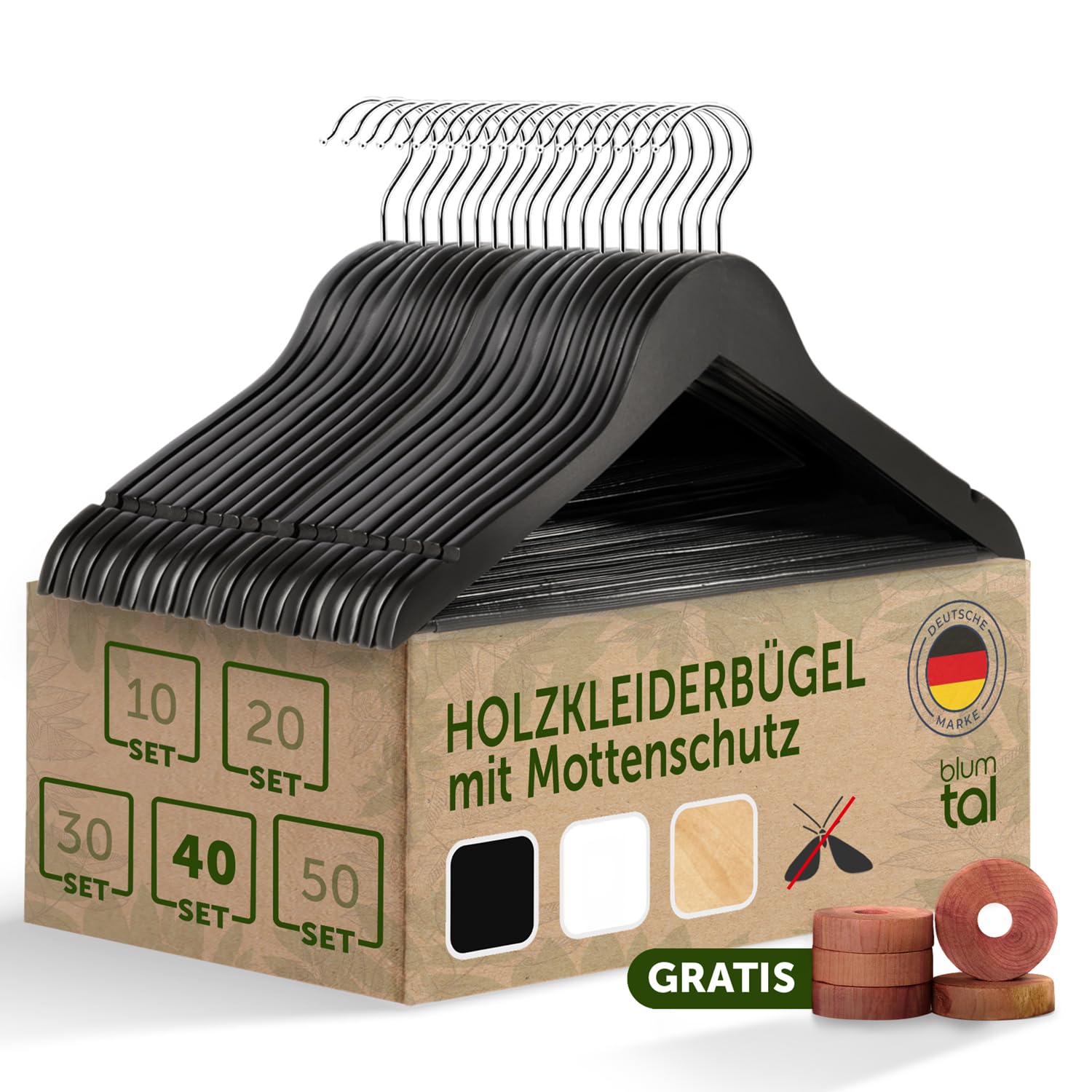 Blumtal Kleiderbügel Holz 40er Set - Holzbügel mit 360° drehbarem Metallhaken - Kleiderbügel Schwarz mit Zedernholz Mottenschutz - Kleiderbügel Holz Schwarz mit Anti-Rutsch-Schicht & Einkerbungen