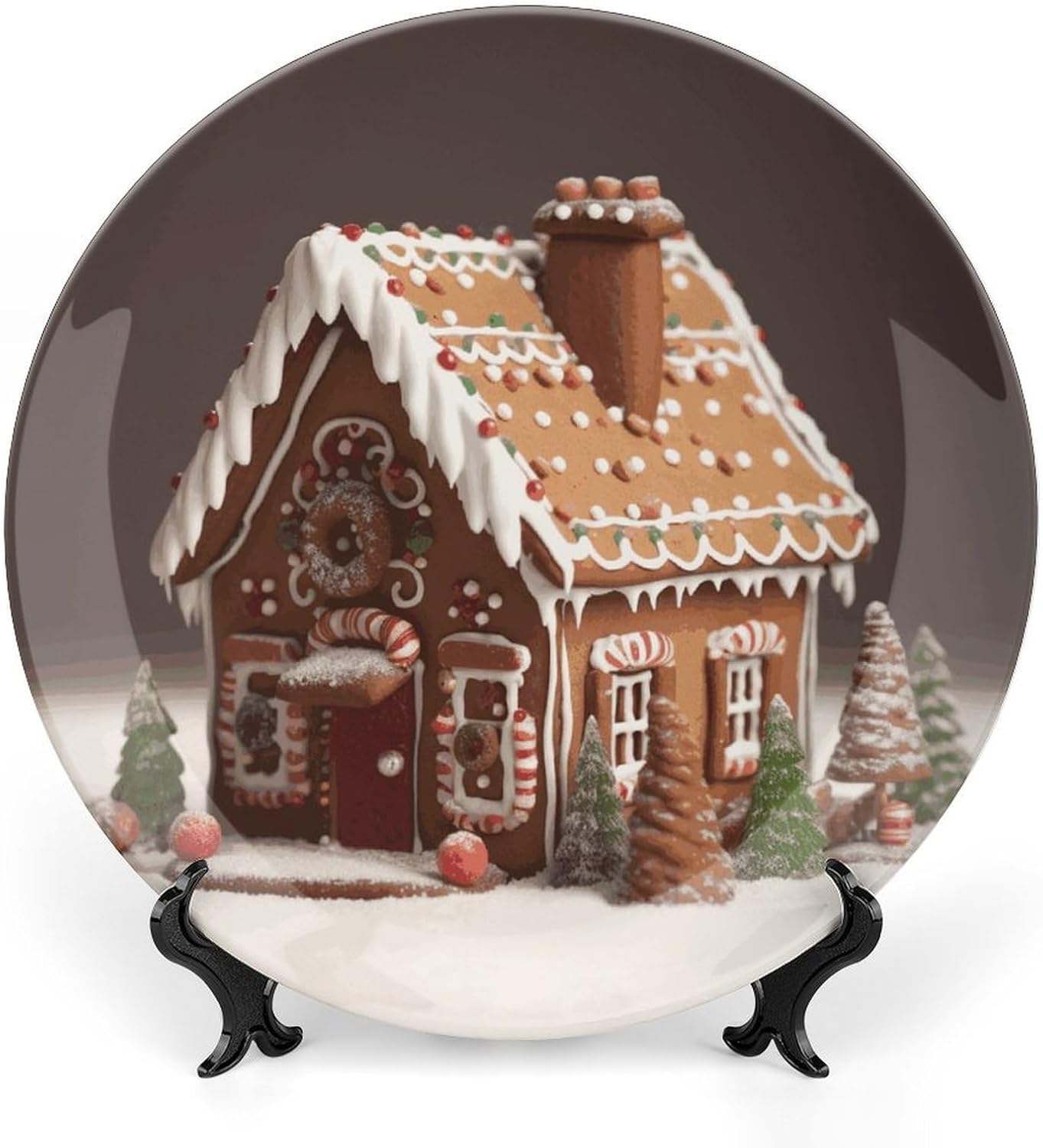 Gingerbread House Bone China Decorative Plate with Display Stand, Ceramic Ornaments Plate for Wall Hanging, Personalized Porcelain Plates for Office, Living Room 8inch
