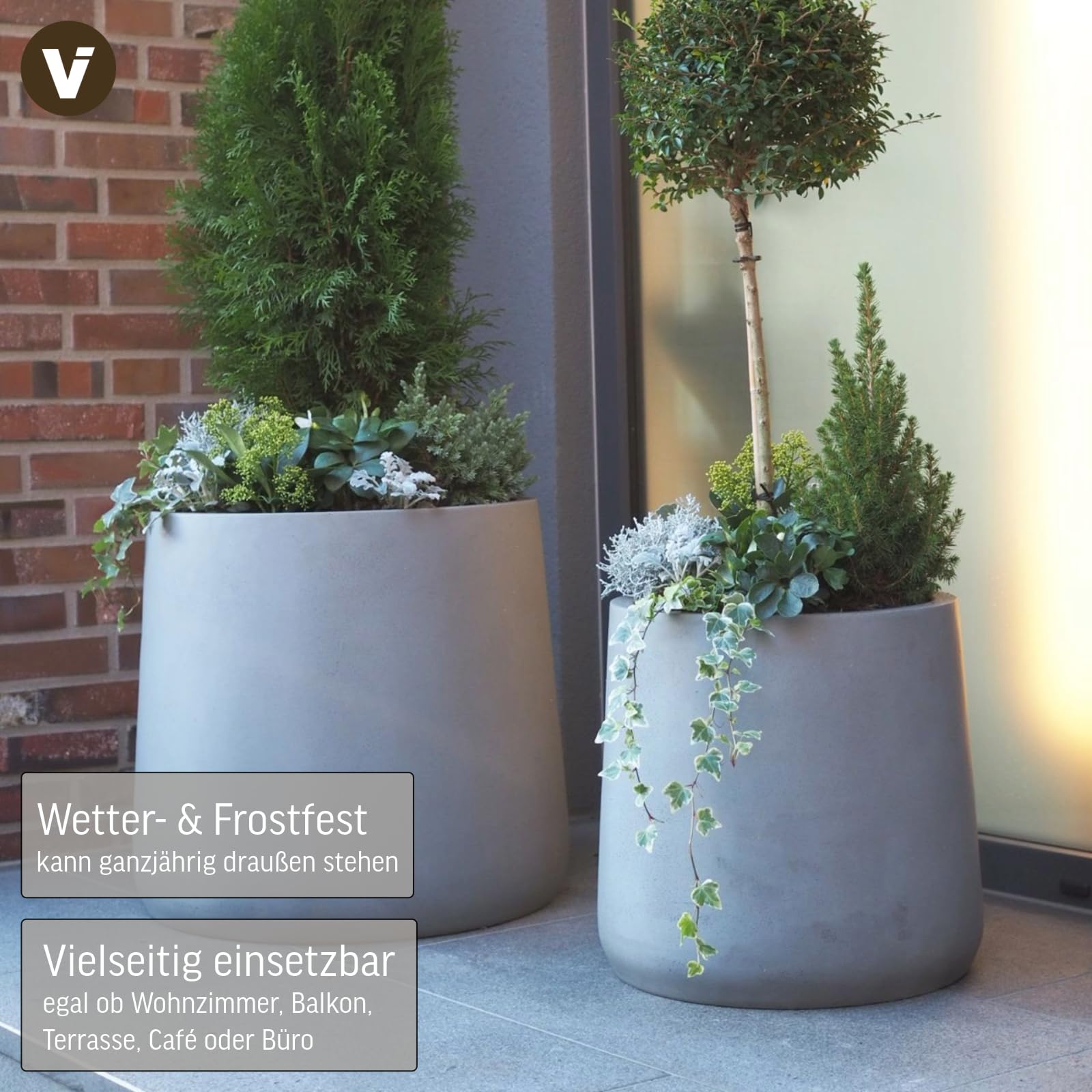 VIVANNO Pflanzkübel Blumentopf in Beton-Optik Fiberglas, 40x38 cm, Wetterfest und Frostsicher, Für Innen- und Außenbereiche