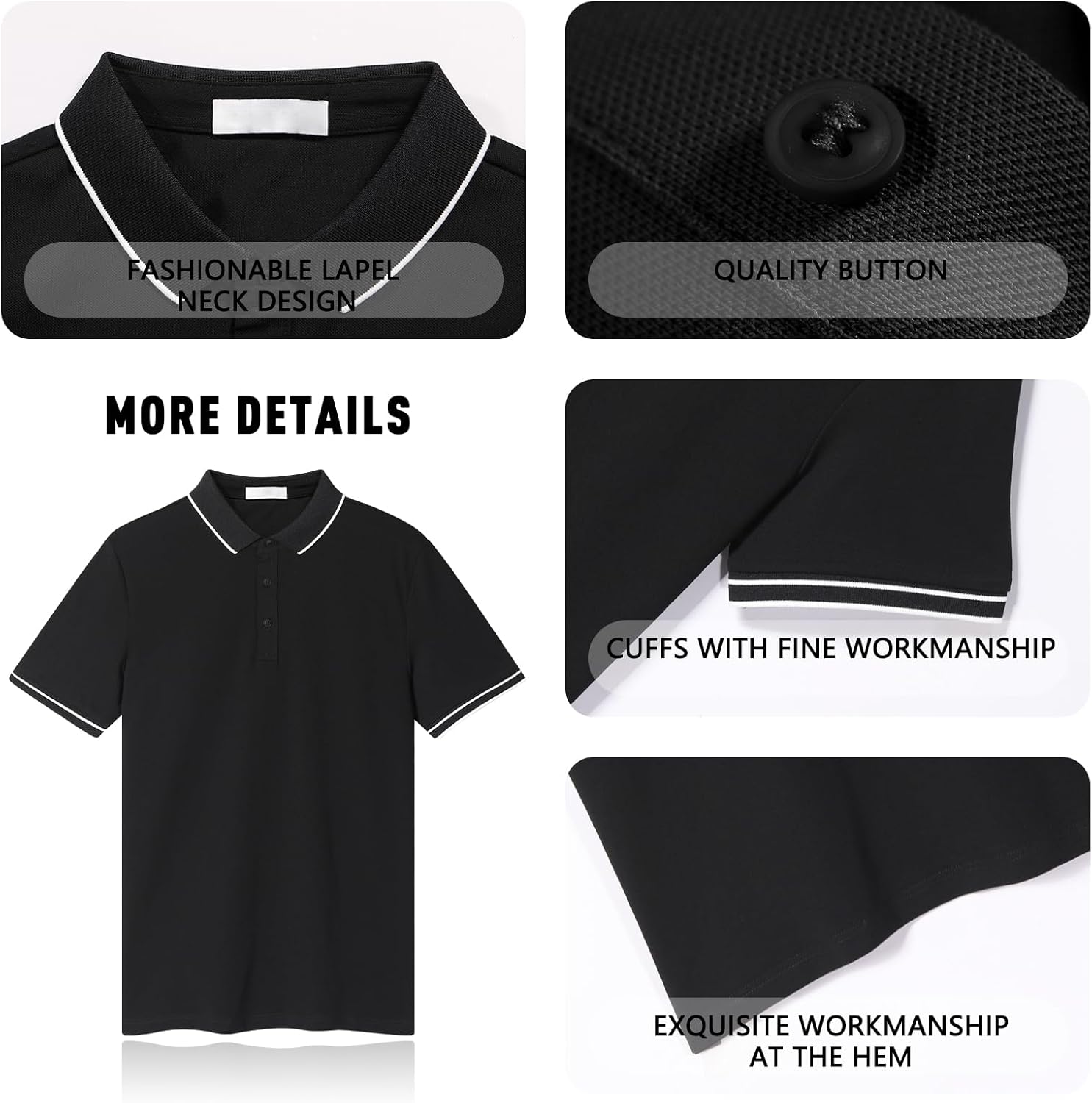 Men's Polo Shirts for Men Short Sleeve Striped Pique Cotton Polo Shirt Business Casual Layering Top Black - Image 5