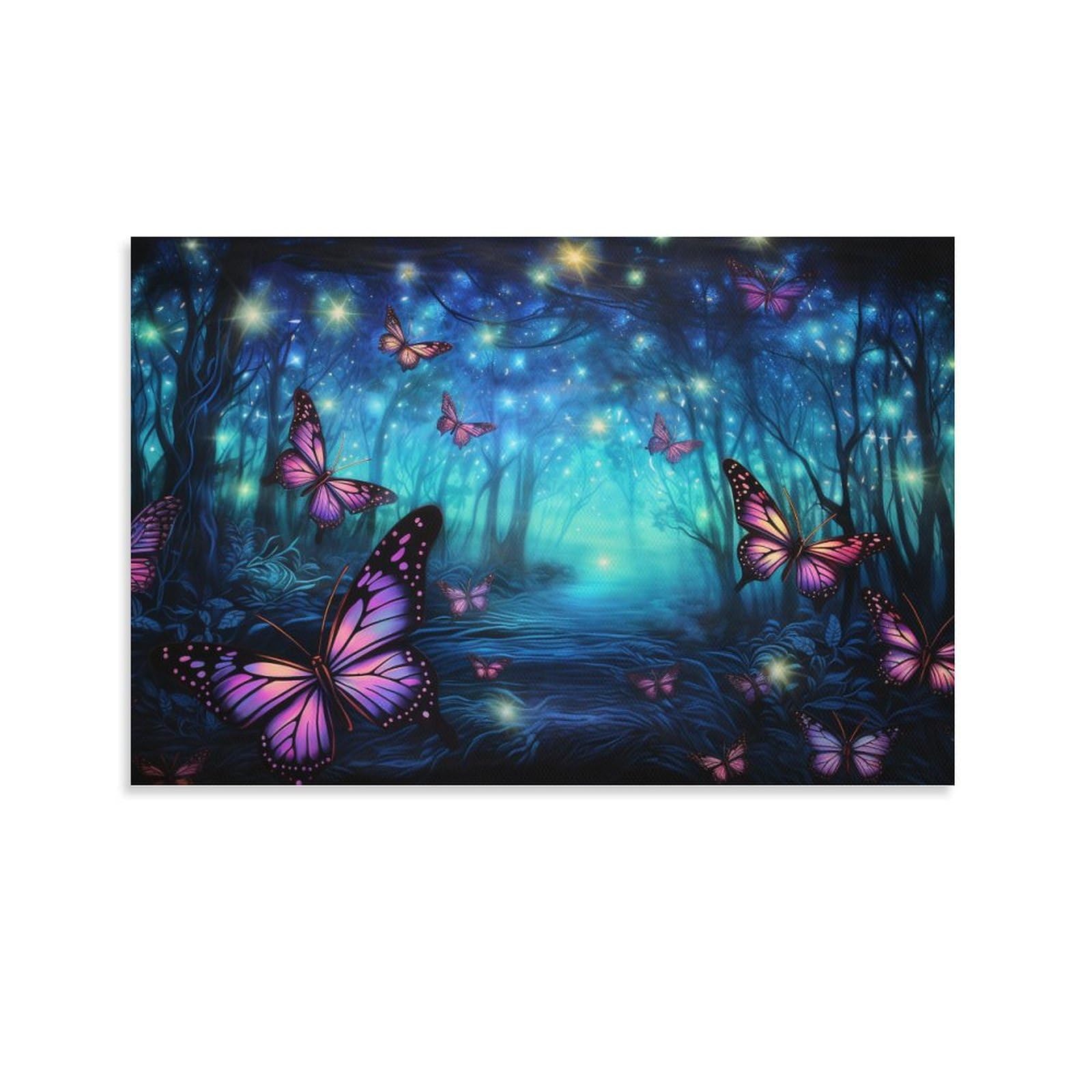 Foccar Unframe-Romantic Forest Romantic Forest Canvas Wall Decor Fantasy Natural Purple Butterfly Plant Poster Wall Art For Living Room Bedroom Artwork