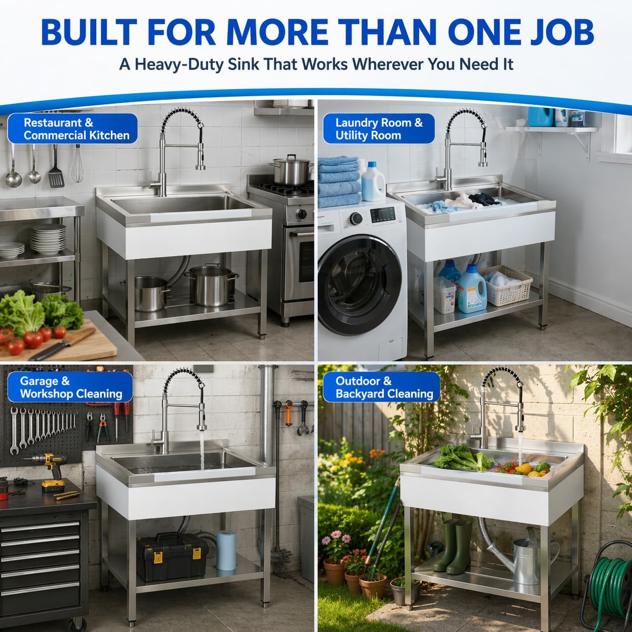 Stainless Steel Utility Sink, 31"X22" Large Single Bowl with Commercial Spring Pull-Down Faucet, Freestanding Workbench for Garage Basement Kitchen