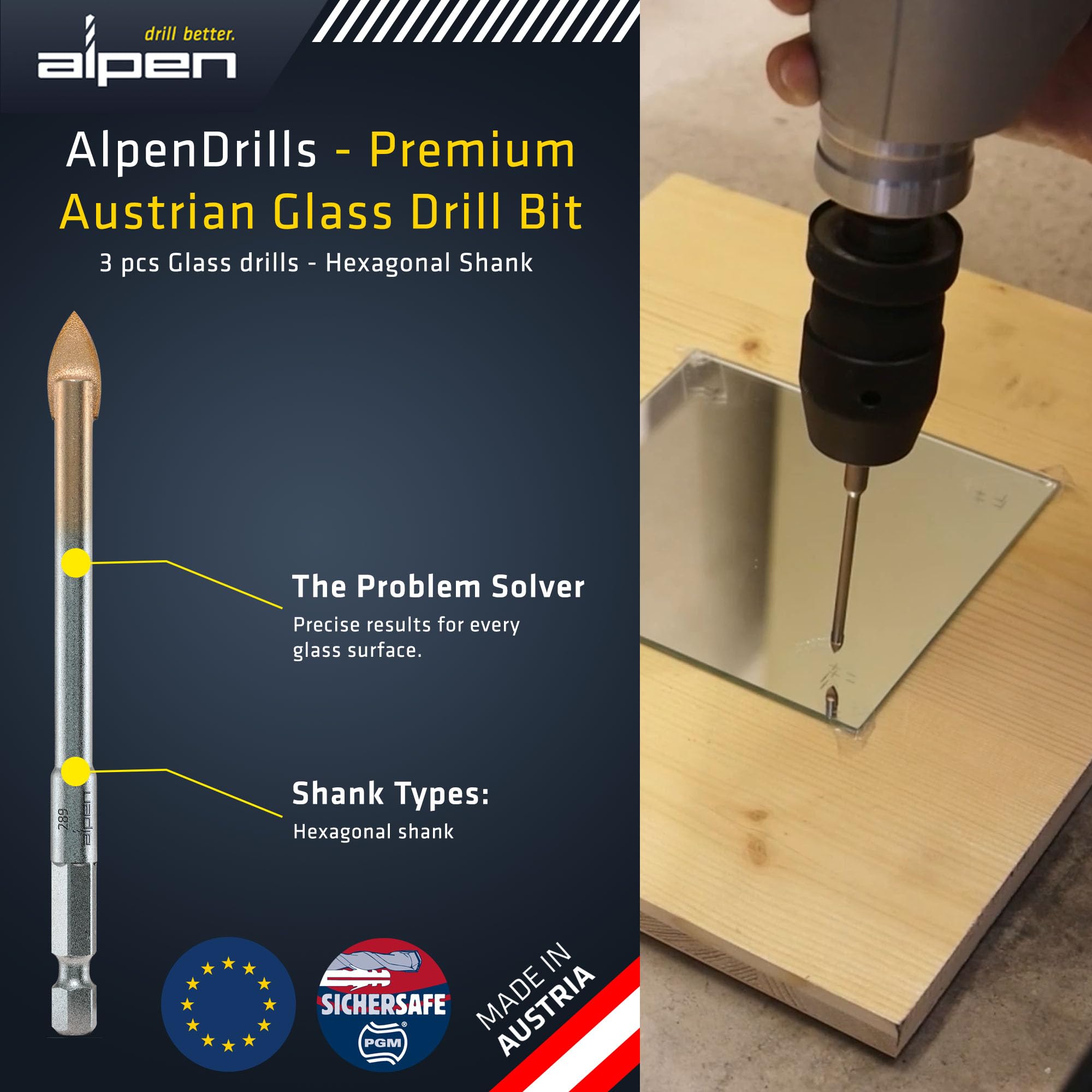 Alpen 3 pcs Glass Drill Bit Set - High Precision and Stable Performance Ceramic & Tile Drill Bit - Durable Glass Cutting Drill Bits