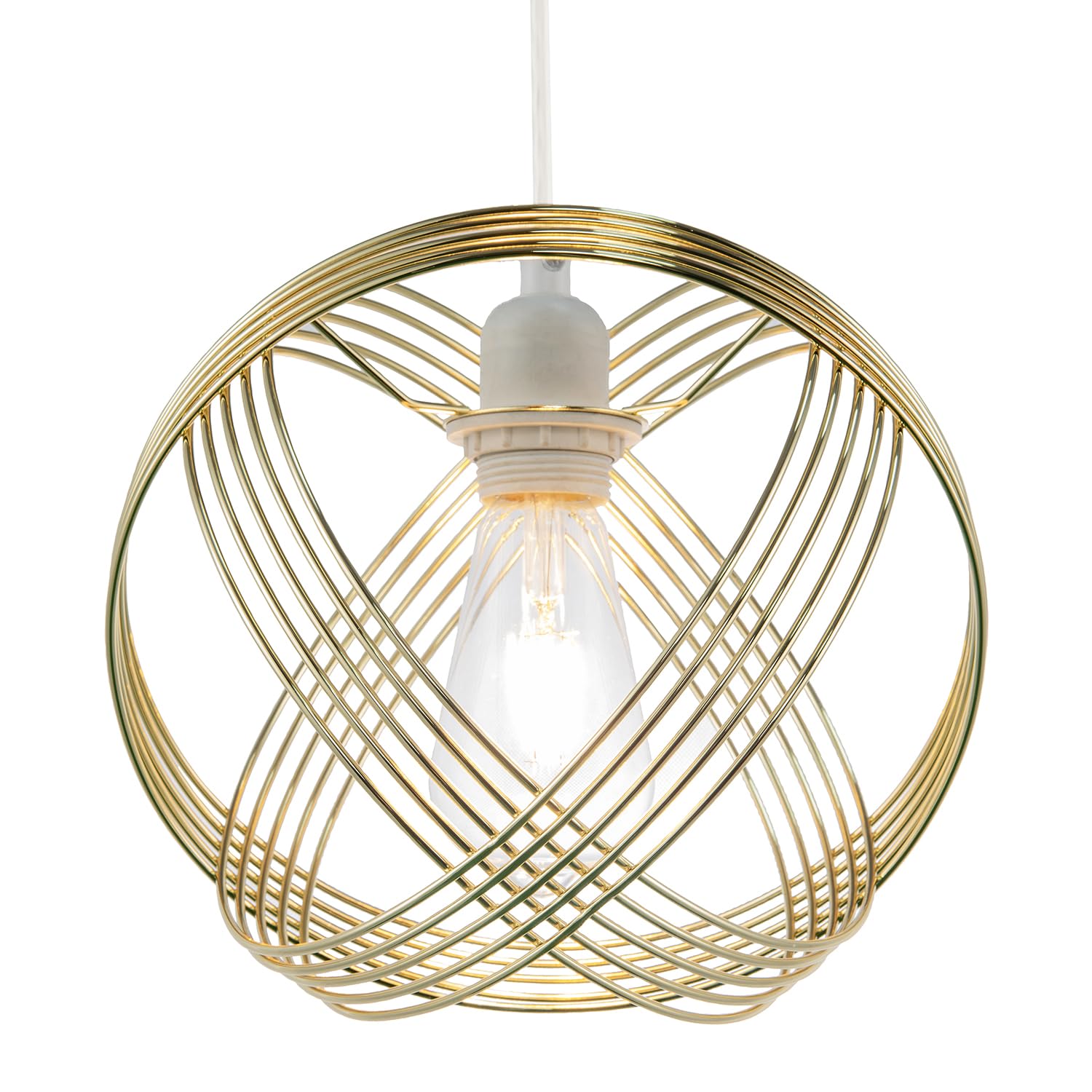 Modern Ornate Polished Plated Gold Spherical Pendant Light Shade with 4-Ring Metal Wrap Design | 25cm Diameter | for E27 E14 B22 by Happy Homewares
