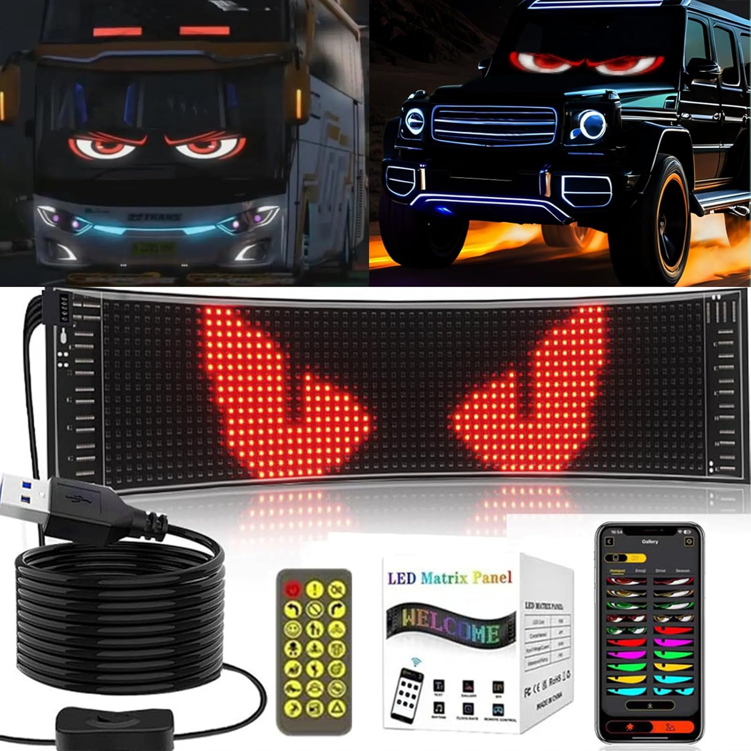 2pcs Devil Eyes Light for Cars, Colorful Eye Lamp Soft Screen for Car Windows, ojos led para carro, Large Programmable Flexible LED Screen (4.2 * 13.7in)