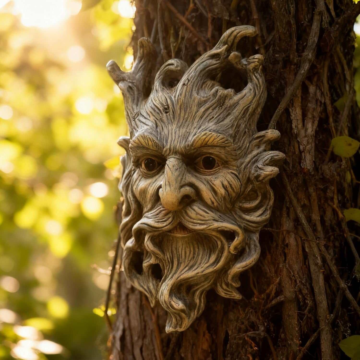 Tree Face Garden Statues Outdoor Decoration Clearance, Whimsical Old Man Face for Tree Hugger Sculpture, Wallmount Statue Fairy Art with Beard, Yard Fence Hanging Decor, 6.9" x 2.8" x 9.8"