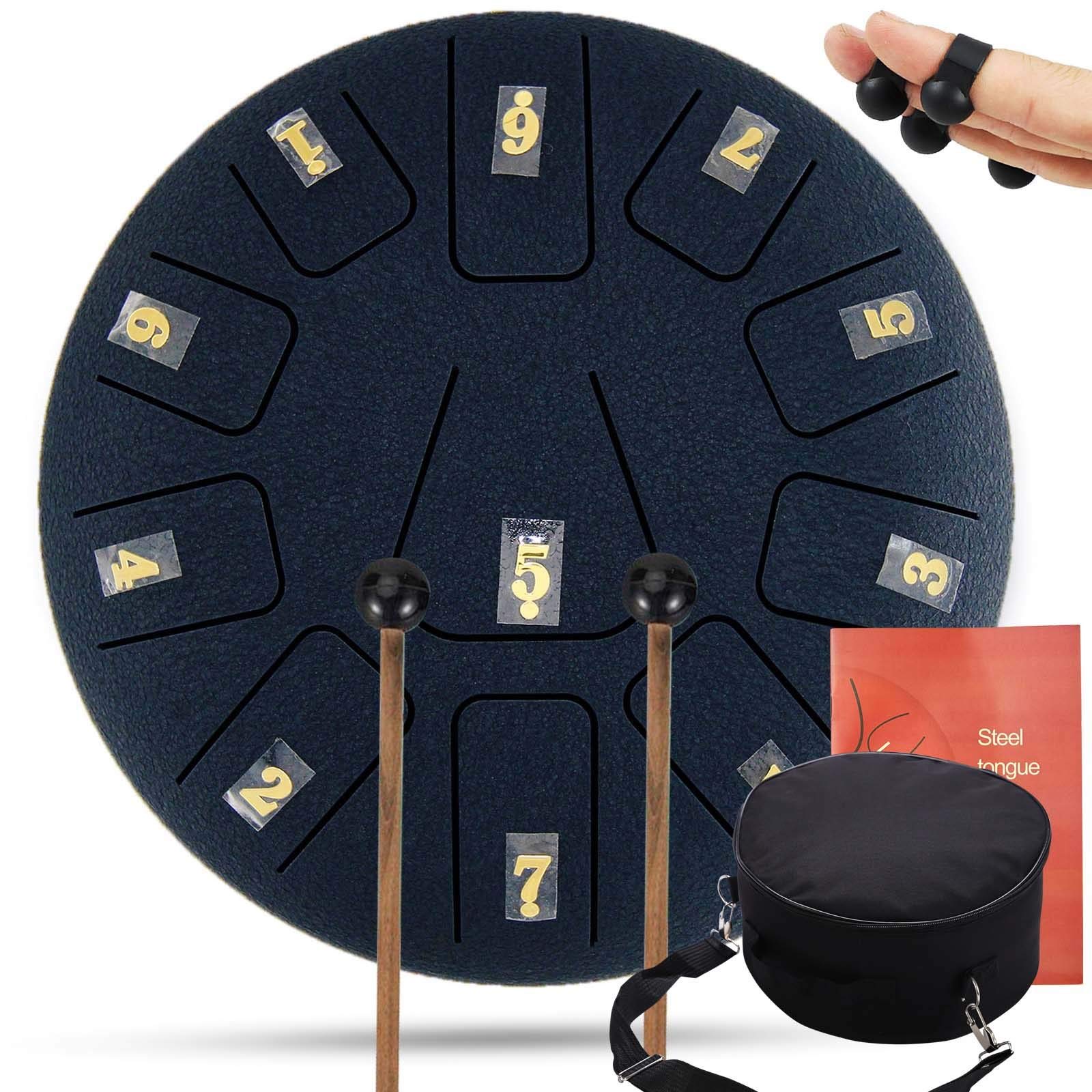 11 notatek stalowy bęben językowy, 8-calowy bęben do instrumentów perkusyjnych, mini zestaw perkusyjny Handpan Drum z wyściełaną torbą na bęben i kilkoma młotkami, granatowy