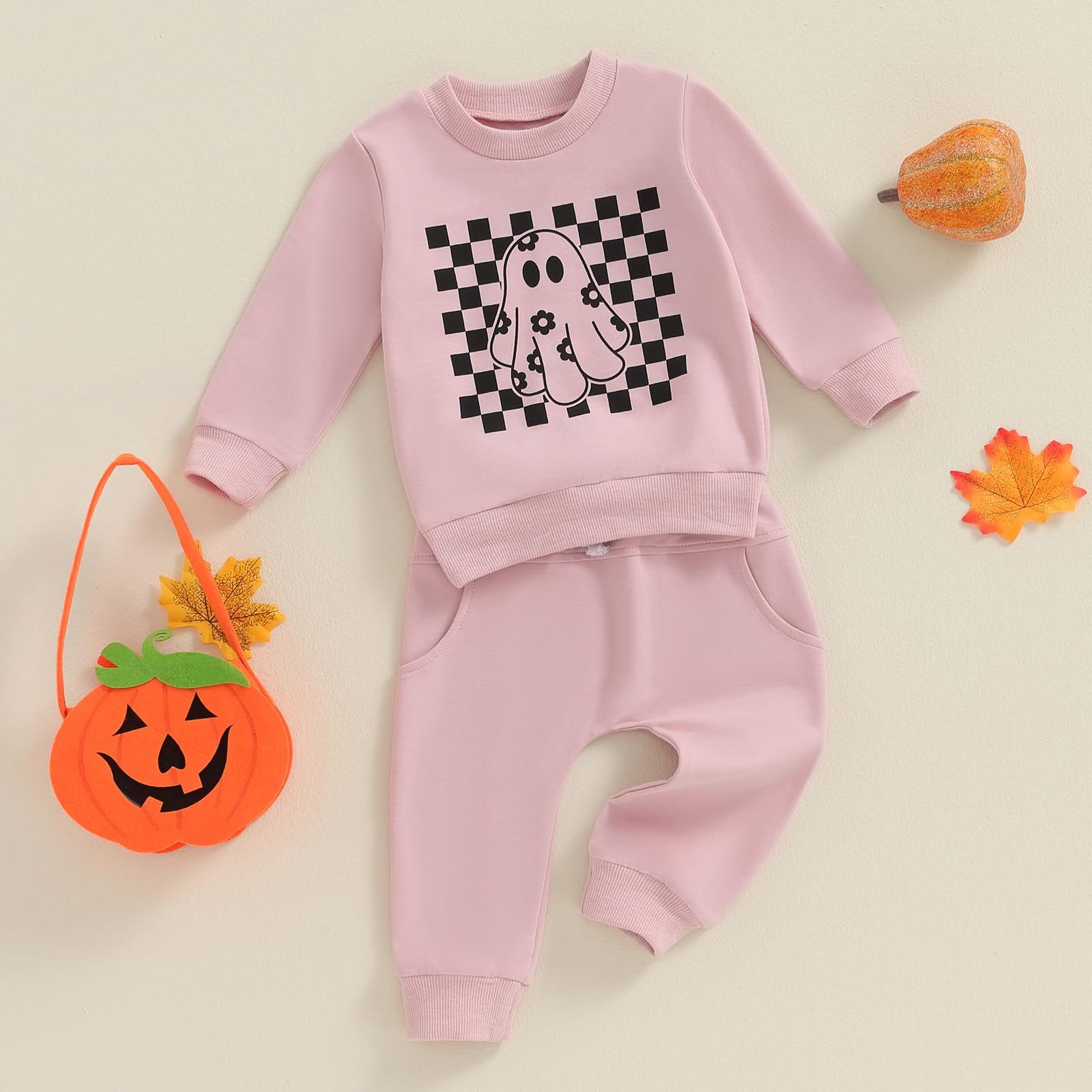 Halloween Baby Clothes Pumpkin Face Patch Long Sleeve Pullover Sweatshirts Jogger Pants 2Pcs Fall Sweatsuits Outfit (Pink, 6-12 Months)
