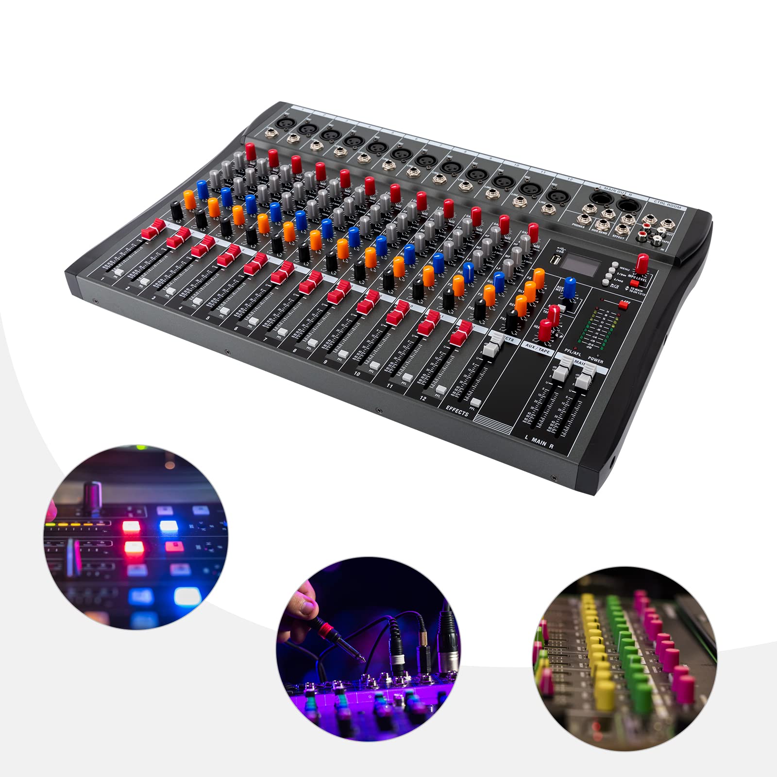 Mezclador de audio profesional de 12 canales, consola estéreo USB Bluetooth, pantalla LCD para grabación, DJ, escenario, karaoke, transmisión en vivo, 48 V Phantom Power