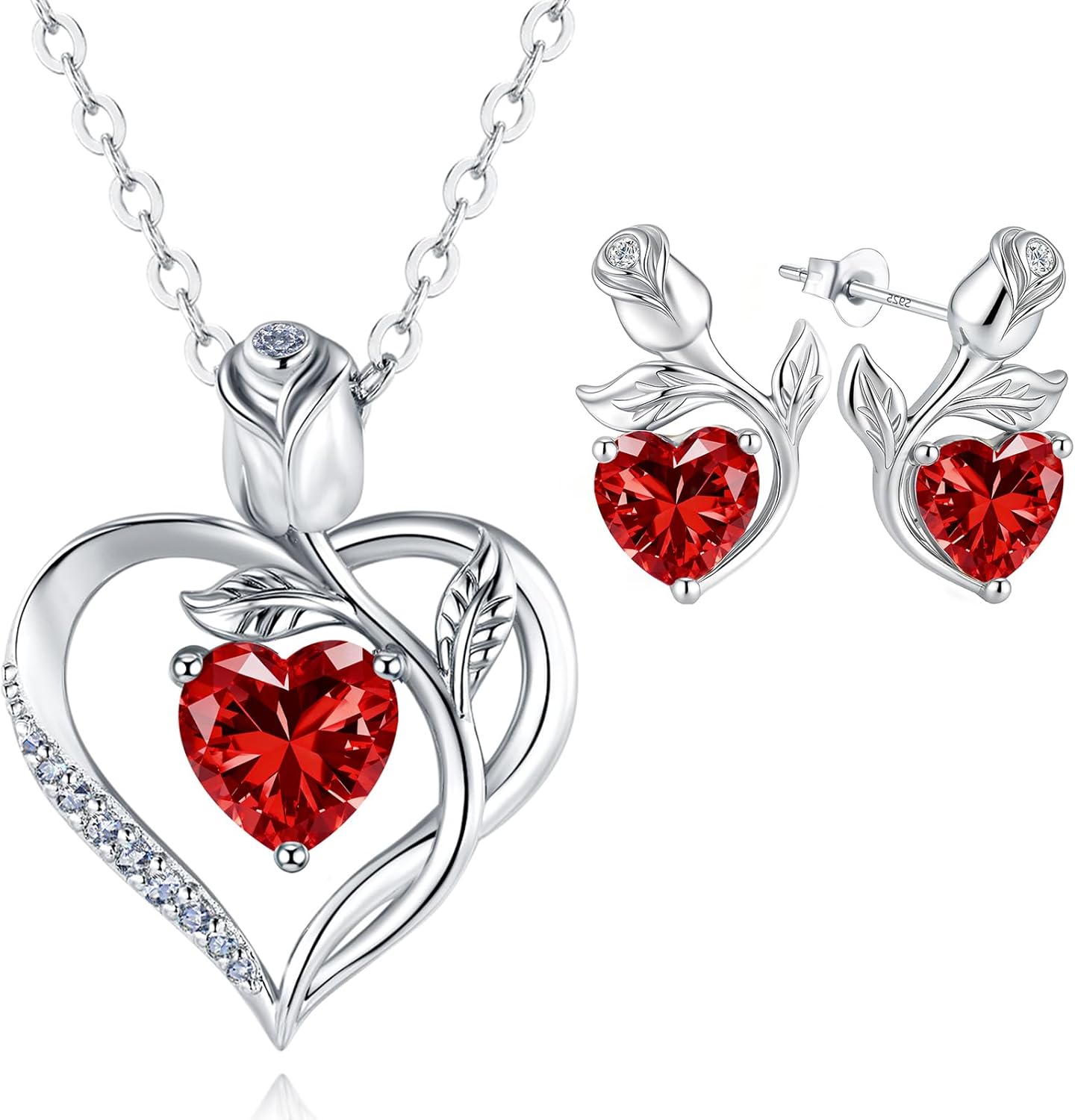 JACUPO Rose Heart Necklace and Earrings Set Moissanite/Lab-Grown Sapphire/Ruby Options S925 Sterling Silver 18K White Gold Plated Engraved "I LOVE YOU" Perfect Engagement Gift for Girlfriend Wife(Necklace 1.2CT / Earrings 0.8CT)