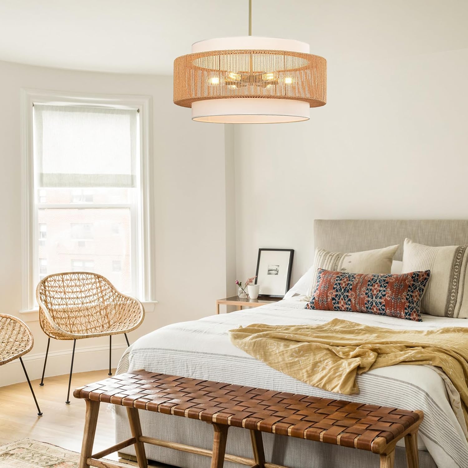 25.6" Rattan Chandelier, 6-Light Large Rattan Pendant Light with Fabric Lampshade, Farmhouse Boho Light Fixture Ceiling Hanging for Dining Room, Living Room, Bedroom, Kitchen Island, Hallway, Foyer