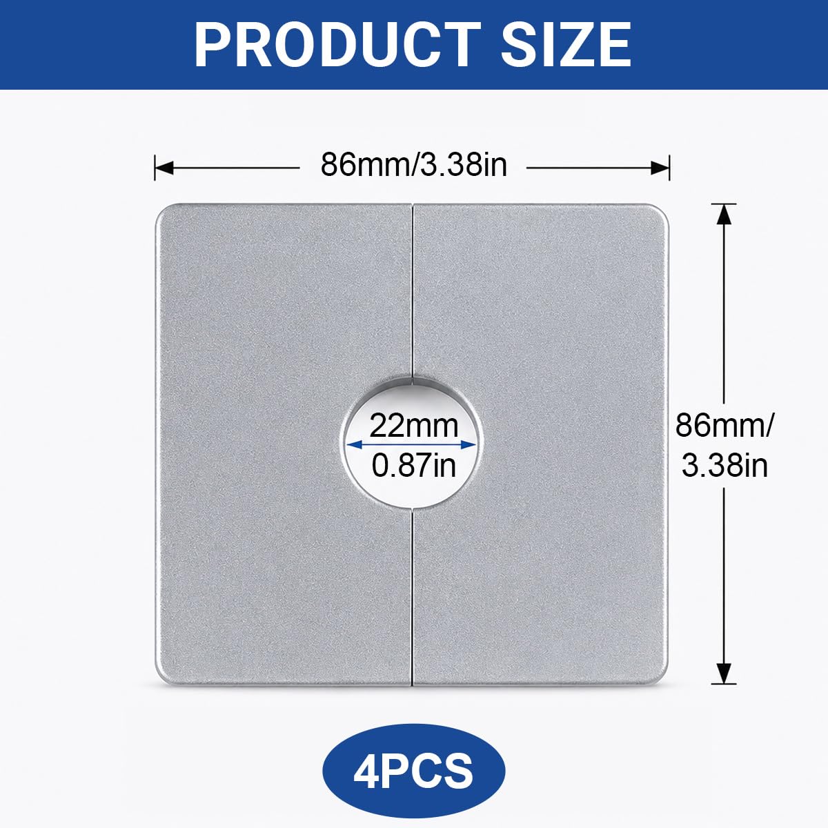 Roseta para Mezclador de Ducha 22mm, Tapa para Tubería de Radiador Cuadrada, Placa de Pared Autoadhesiva para Agujeros en Pared, Acabado Cromado Plateado, Lote de 4 Piezas para Grifo