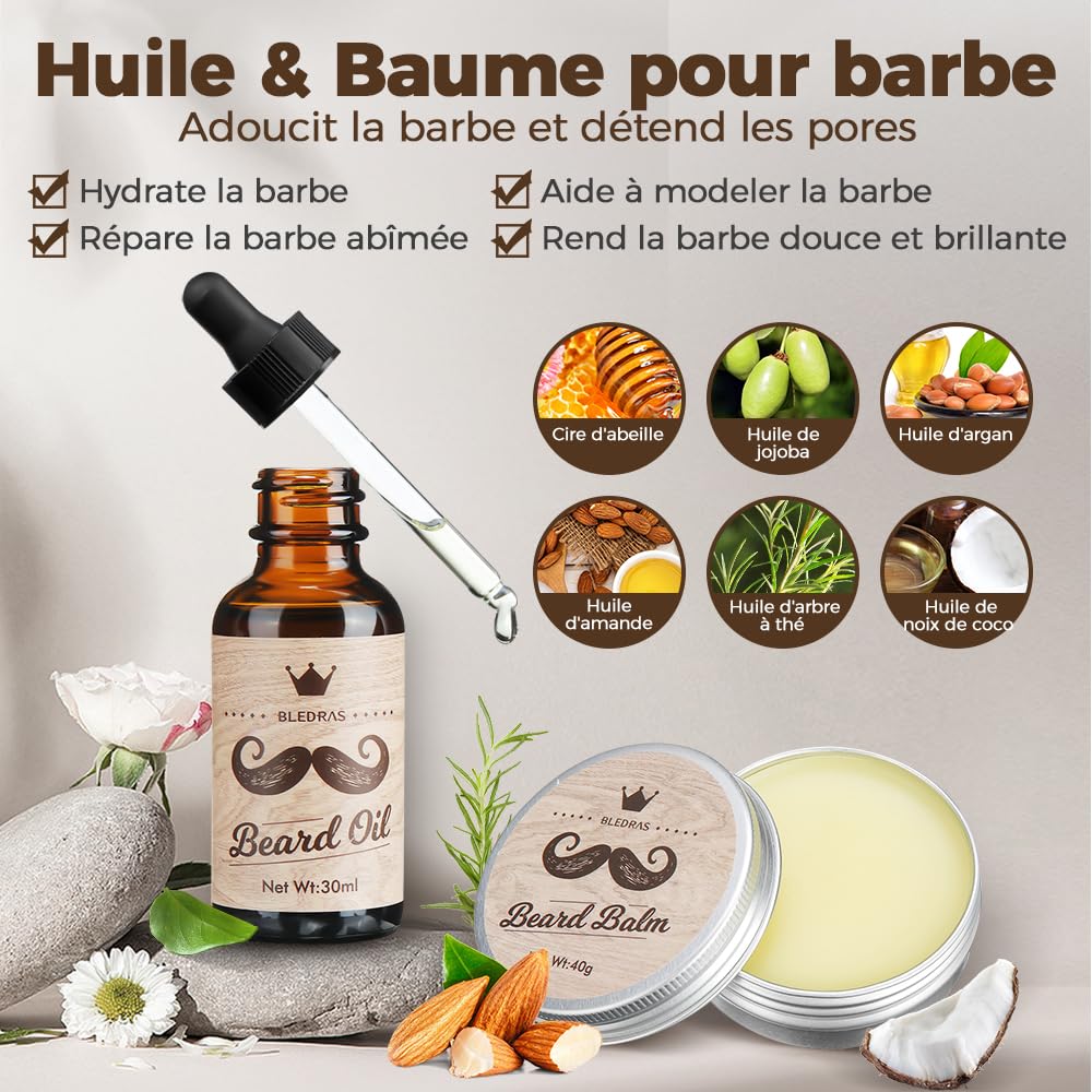 Bledras Kit Barbe Homme 13 en 1, Coffret Barbe Homme avec Huile à Barbe, Shampoing à Barbe, Crème à Barbe, Crayon à Barbe, Ciseaux à Barbe, Brosse à Barbe, Peigne à Barbe, Rasoir, 5 Lames de Rasoir
