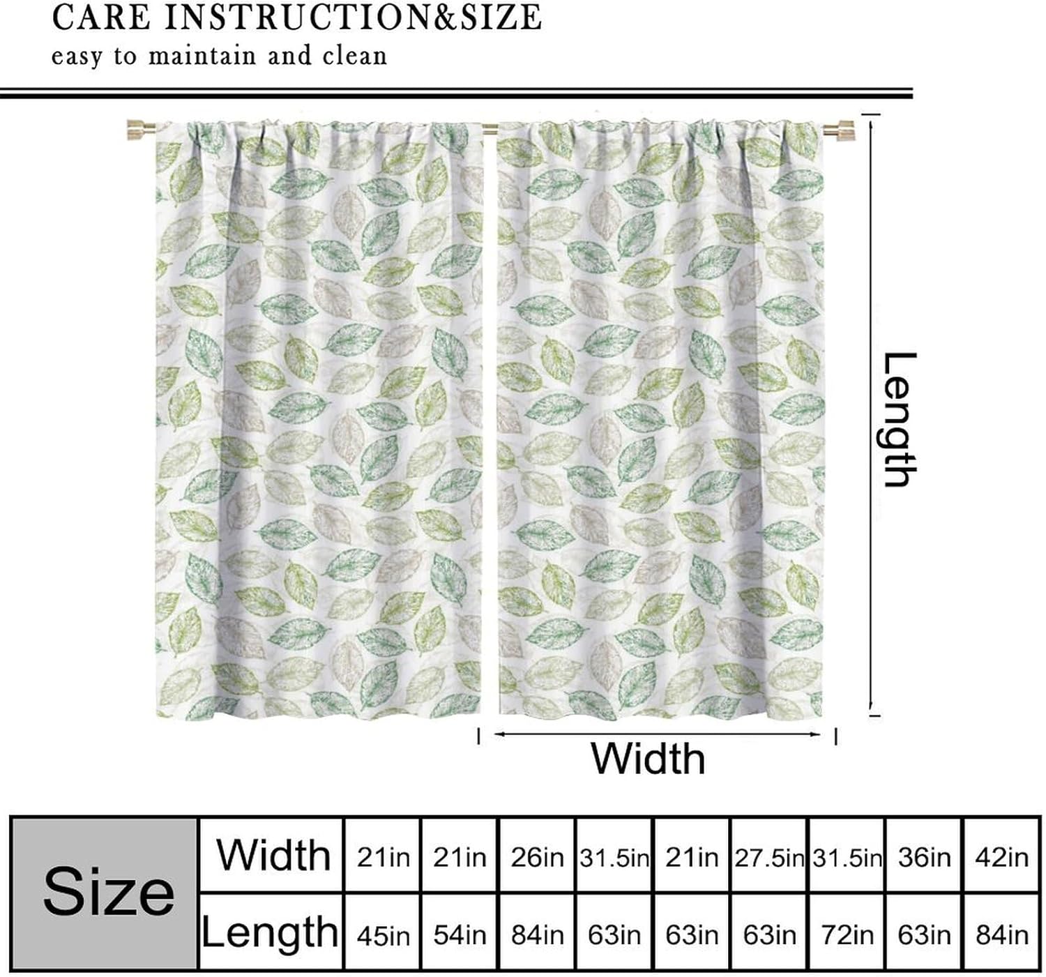 Modern Art Plants Curtains,Green Beige Leaves Print Window Treatments for Bedroom Living Room Kitchen Office Café Minimalist Design Window Drapes 2 Panels Total Size 42 x 63 Inch