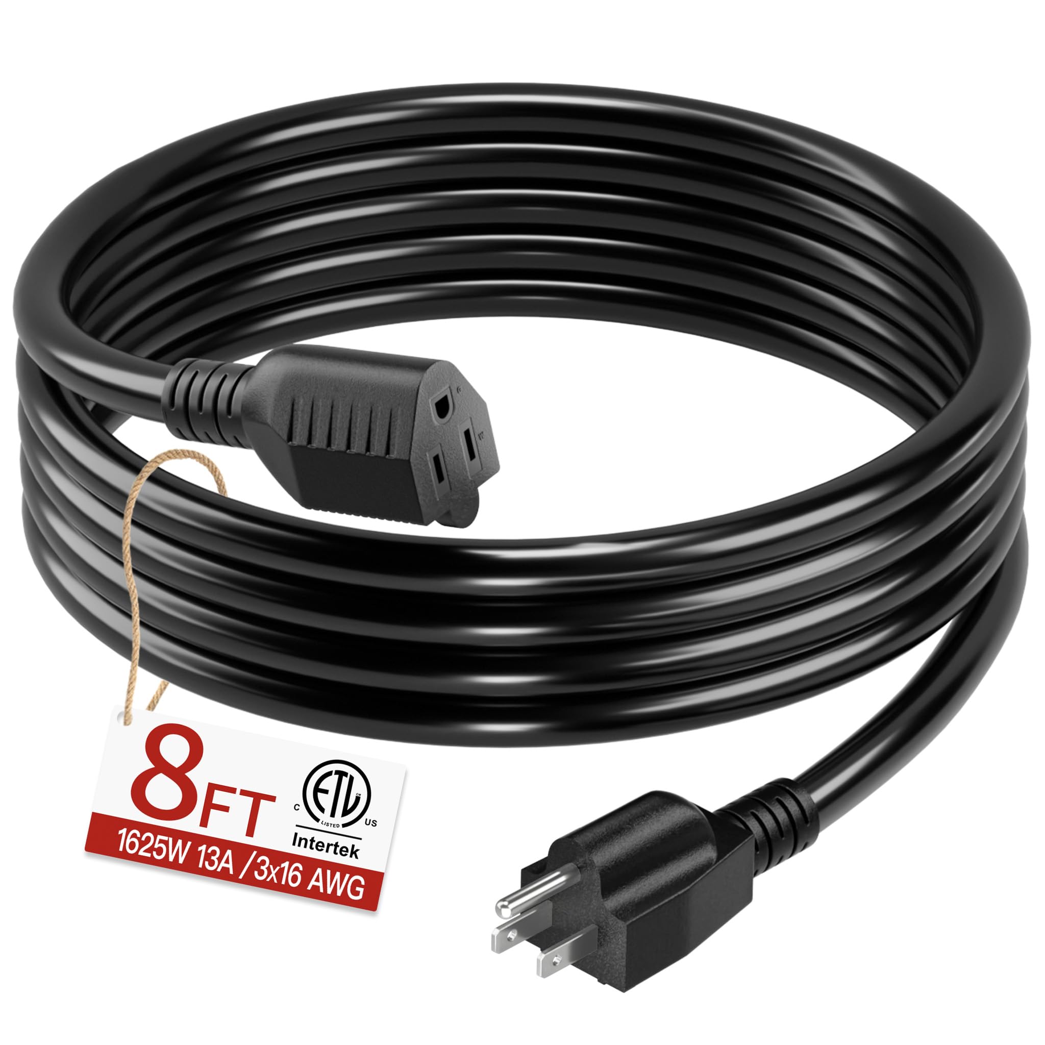 Skrizcable 16/3 Short Extension Cord 8 FT, Black Extension Cord Indoor
