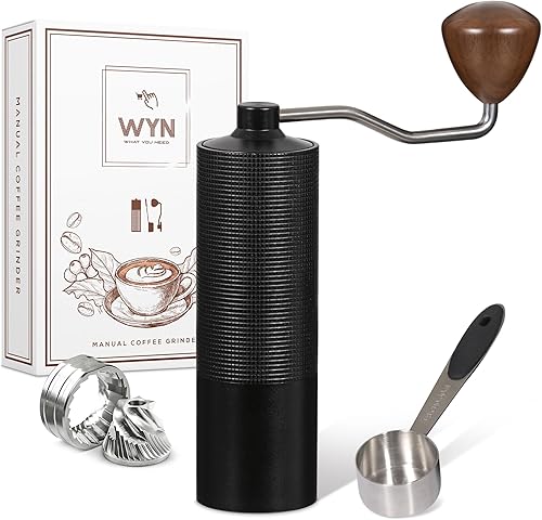 WYN Molinillo de café manual con rebabas de acero inoxidable - Molinillo de café portátil de mano para café fresco, camping, viajes y hogar - Tamaño