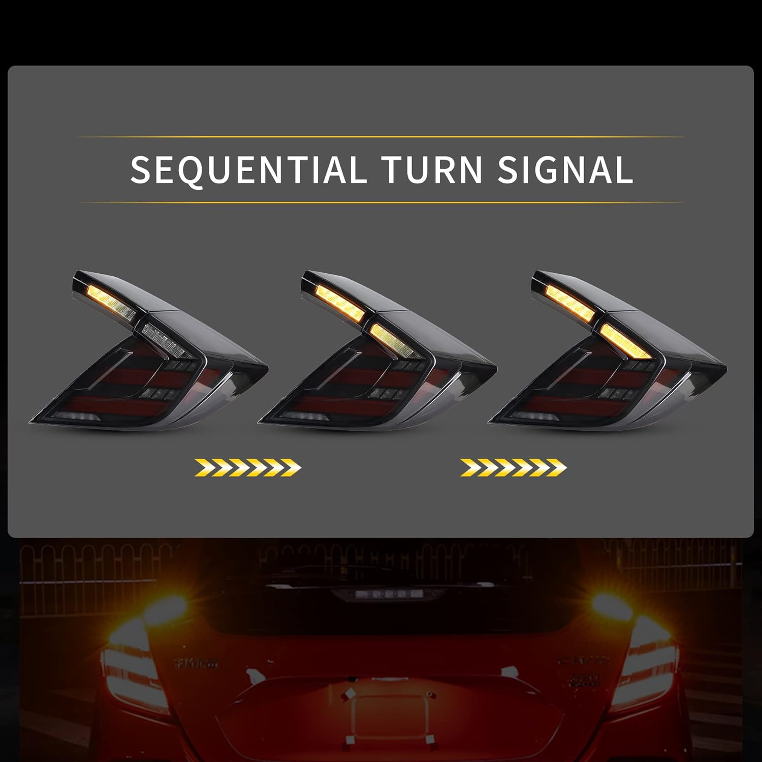 VLAND LED Sequential Tail Lights Assembly for [10th Gen Honda Civic Hatchback/Type R 2016-2020] With Dynaic Animation LED Running Light, YAB-CIV-2020, Driver & Passenger Sides