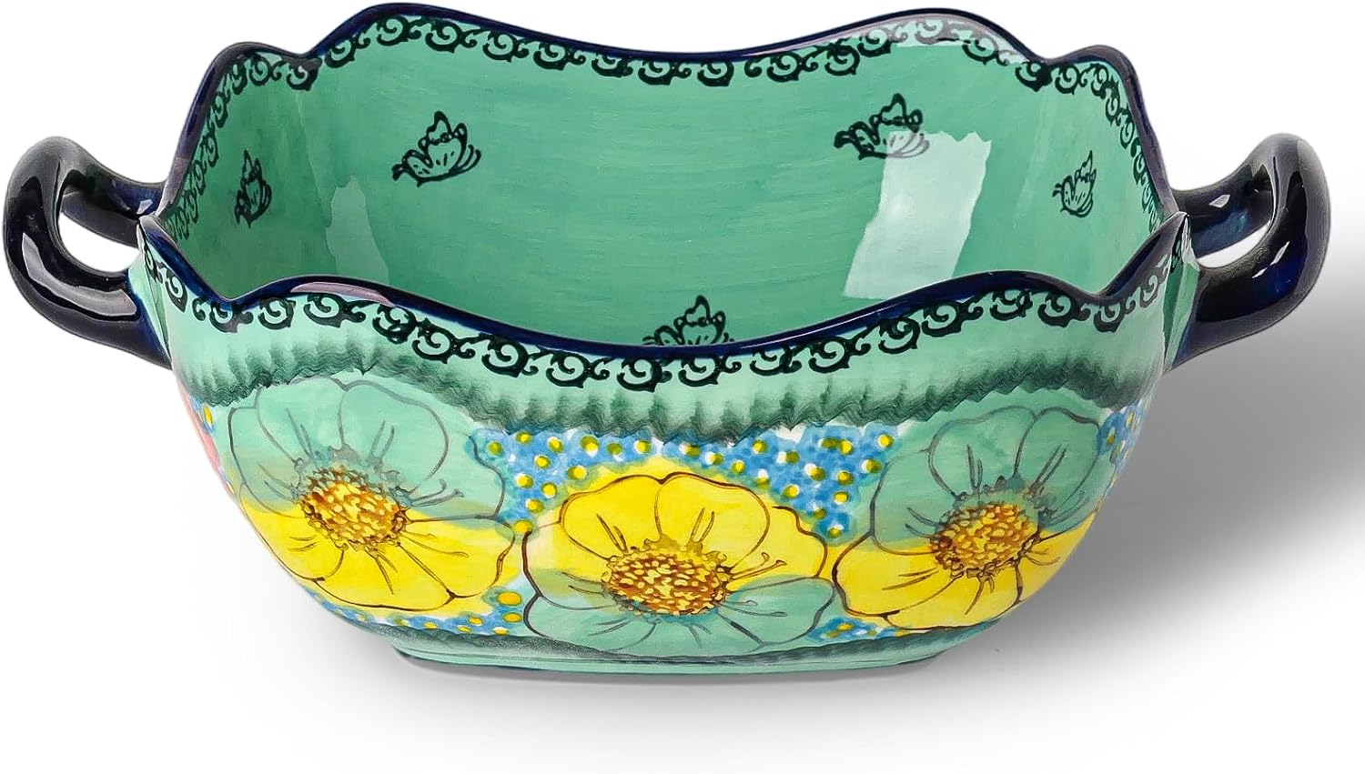 silesia 47 oz Hand-Painted Serving Bowl with Handles (Flowers Green)