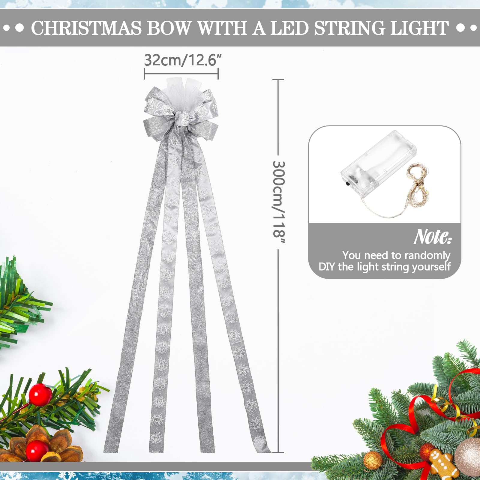 Large Christmas Tree Topper Bow 12.6 X 118 inch Lighted up Christmas Bow with 4 X 3 Yards Ribbon Streamers for Xmas Christmas Tree Decor(Grey Silver)