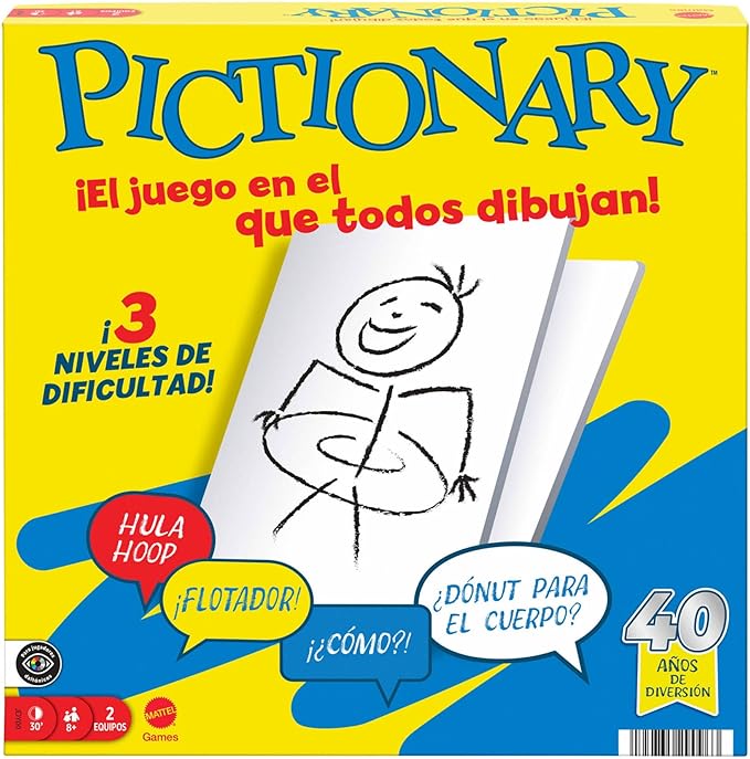 Mattel Games Pictionary Juego de mesa familiar para niños y niñas, adultos y noches de juego, para dos equipos con rotulador de tinta borrable, pizarras y reloj de arena, Versión Español, JDY00 oferta Amazon
