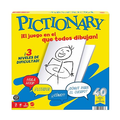 Mattel Games Pictionary Juego de mesa familiar para niños y niñas, adultos y noches de juego, para dos equipos con rotulador de tinta borrable, pizarras y reloj de arena, Versión Español, JDY00