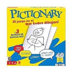 Mattel Games Pictionary Juego de mesa familiar para niños y niñas, adultos y noches de juego, para dos equipos con rotulador de tinta borrable, pizarras y reloj de arena, Versión Español, JDY00