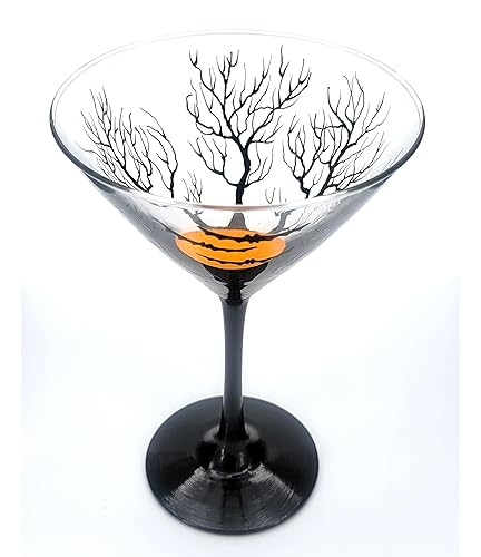 Miniatura 3 de Halloween Spooky Tree Themed Martini Glass - Hand Painted - Witch, Bats, Cat, Ghost, Pumpkin, Spider, Moon