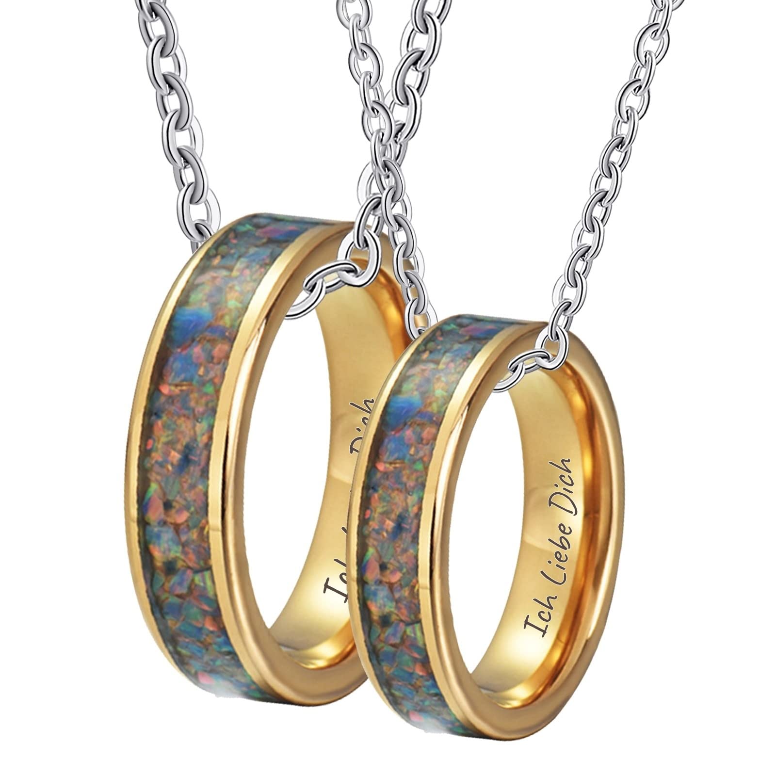 KnSam Halskette Partner Personalisiert in Wolfram, 8MM Ring Anhänger Kohlefaser Gravur Ich Liebe Dich Partner Ketten für Sie und Ihn 2 Stück, Gold, Damen 54 Herren 62, 60cm & 50CM Länge