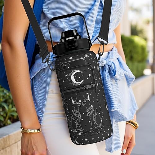 Miniatura 7 de Botella de agua gótica de medio galón de luna negra con funda, sin BPA, 64 onzas, marcador de tiempo motivacional, jarra de agua a prueba de fugas,