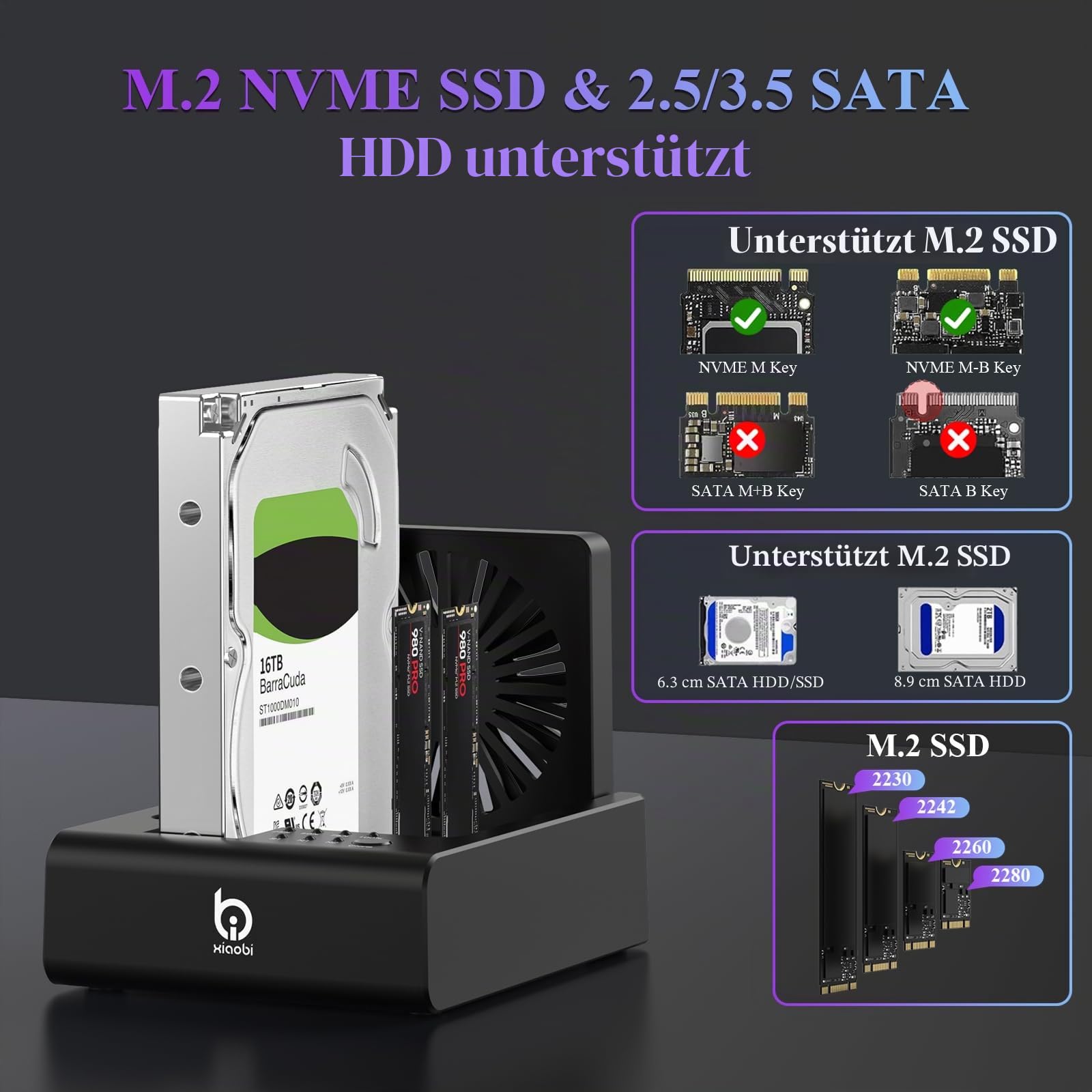 M.2 NVMe & SATA Festplatten-Dockingstation, USB C 10 Gbit/s Festplattenkloner für M.2 PCIe NVMe + SATA 2,5 Zoll / 3,5 Zoll HDD-Konverter, Offline-Klonen, werkzeuglos, Lüfter