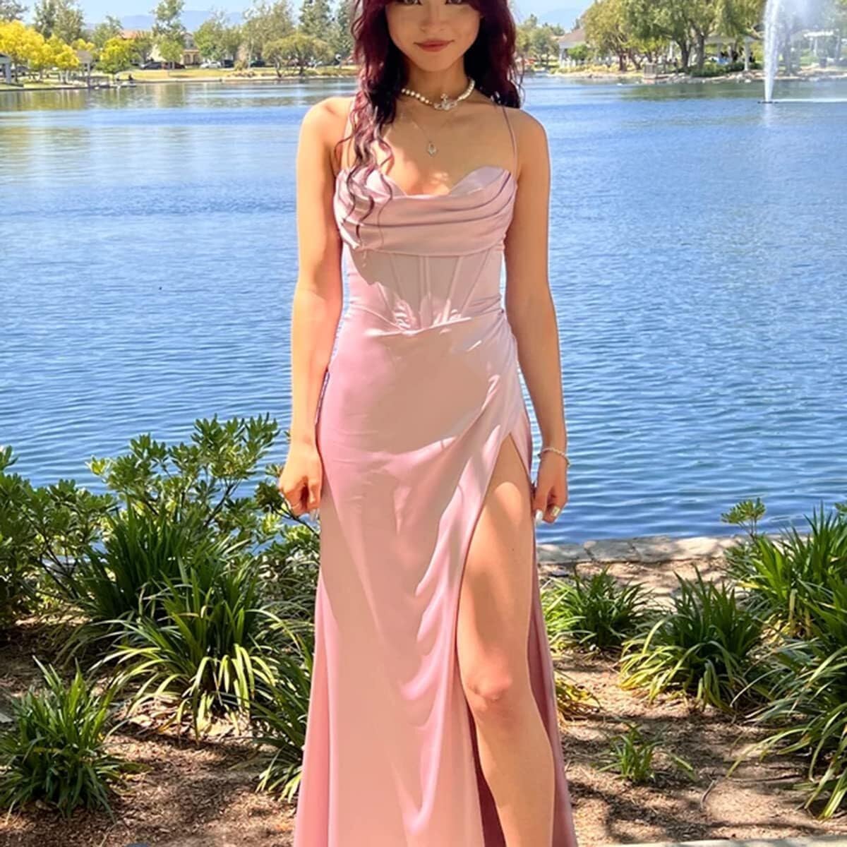 RYANTH Women's Satin Prom Dresses 2025 with Slit Long Ruched Mermaid Bridesmaid Dresses for Wedding Guest RYA12