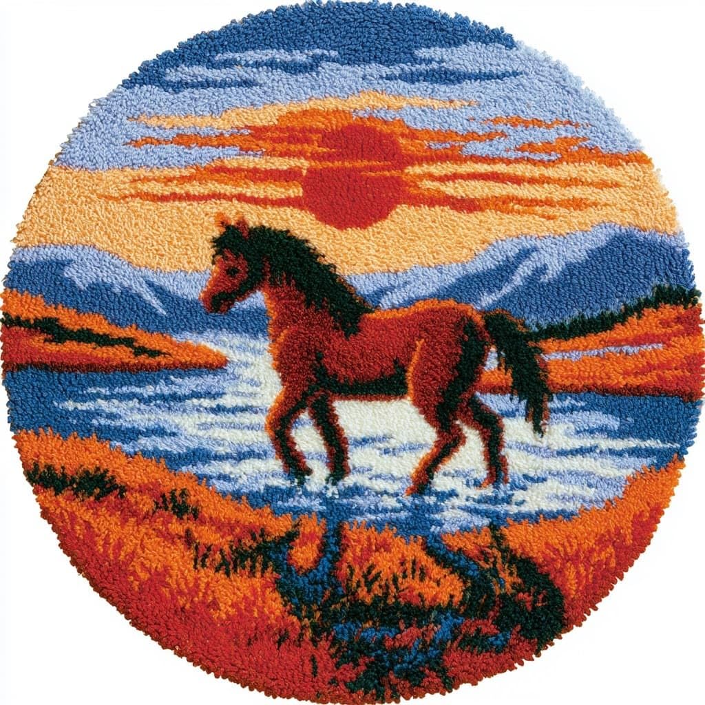 AMBATTERY Round Shape Latch Hook Kits Rug,Rivers and Horses