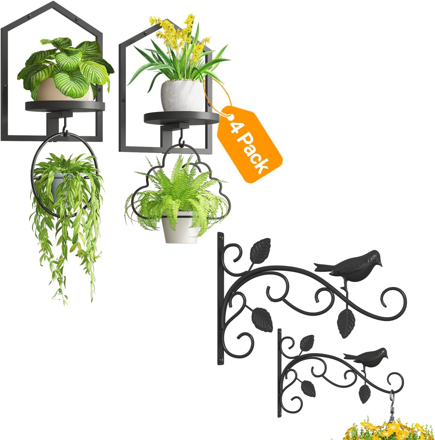 iDavosic.ly Wall Plant Stand Indoor Home Decor Set of 4, 12 Inch Outdoor Heavy Duty Hooks, Metal Floating Display Brackets for Hanging Plants, Lanterns, Garden Patio (Pots/Chains/Plants Not Included)