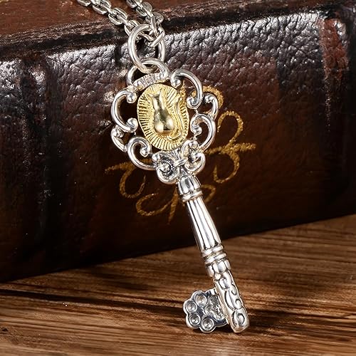 Miniatura 6 de Pequeño colgante de plata esterlina 925 de dos tonos con forma de llave con gato para mujeres y hombres