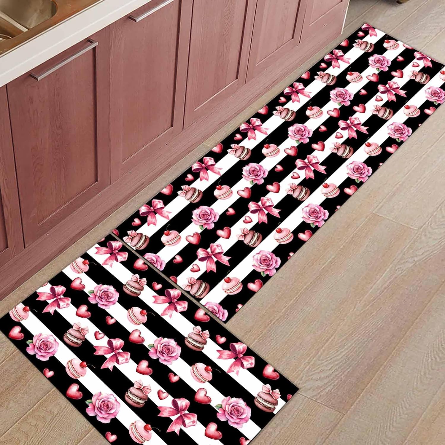 2 Pieces Kitchen Rugs and Mats,Pink Bow Heart Macaroon Flower Area Runner Rug Set Non Slip Floor Doormat Washable Carpet Standing Mat for Kitchen Sink Indoor Corridor,Seamless Black White Stripe