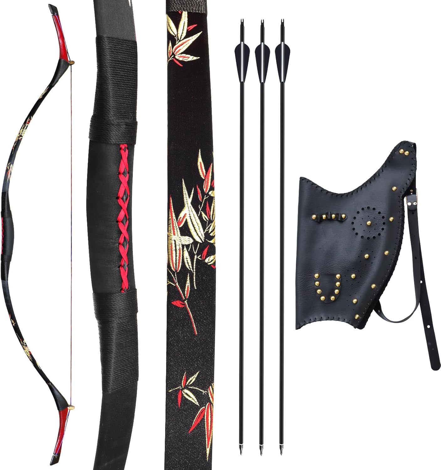 Obert Archery Vintage Recurve Bow Set Longbow Traditional Horsebow 20lbs 25lbs 30lbs 35lbs 40lbs 45lbs 50lbs & Bow Quiver & 3pcs Carbon Arrows Target Practice Hunting Arrows