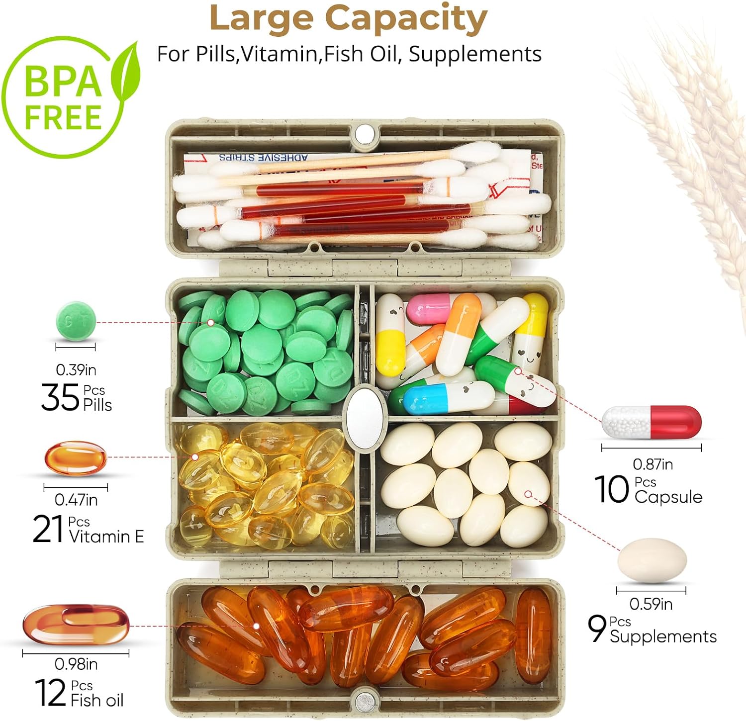 Zentiky Pill Organizer with Blank Labels,6 Compartment Small Pill Box-Khaki image 2